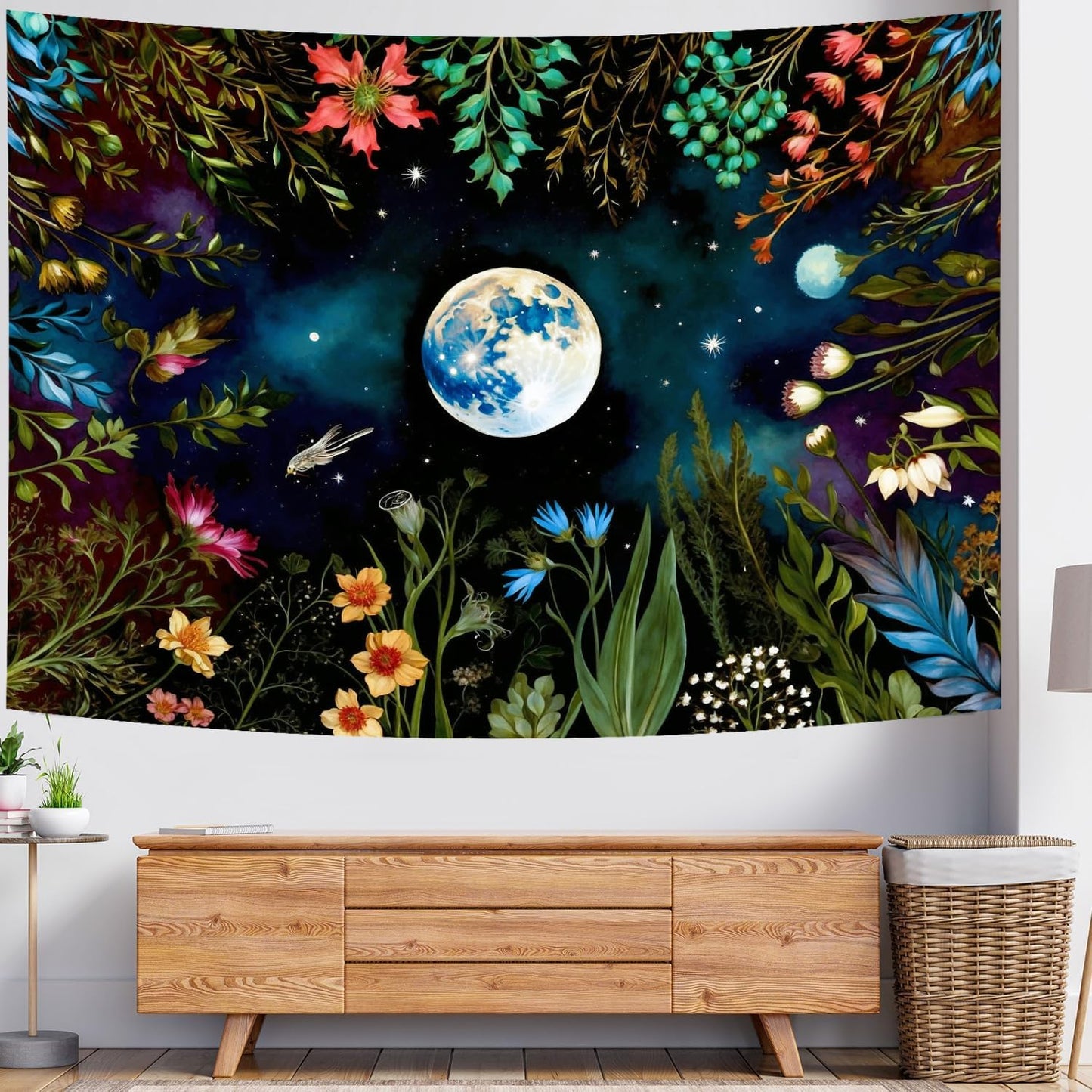 Delur Moonlit Garden Tapestry Boho Moon Floral Plant Tapestry Wall Hanging Colorful Flower Botanical Nature Night Landscape Headboard for Bedroom Living Room Home Decor (51.2" x 59.1")