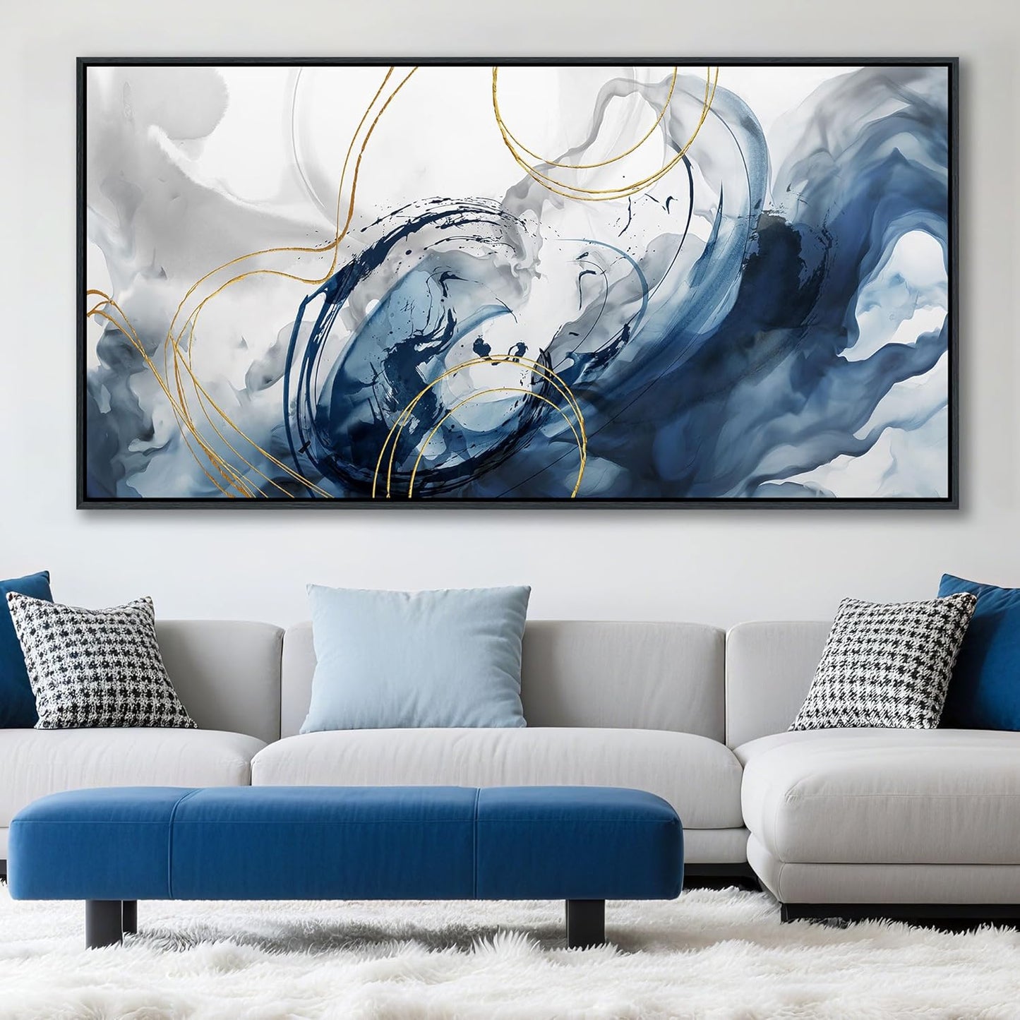 Mofutinpo Large Framed Canvas Art Wall Art Blue Abstract Wall Decor Modern Home Decor Office Wall Decor Home Decorations for Living Room Minimalist Bedroom Artwork 29×58in