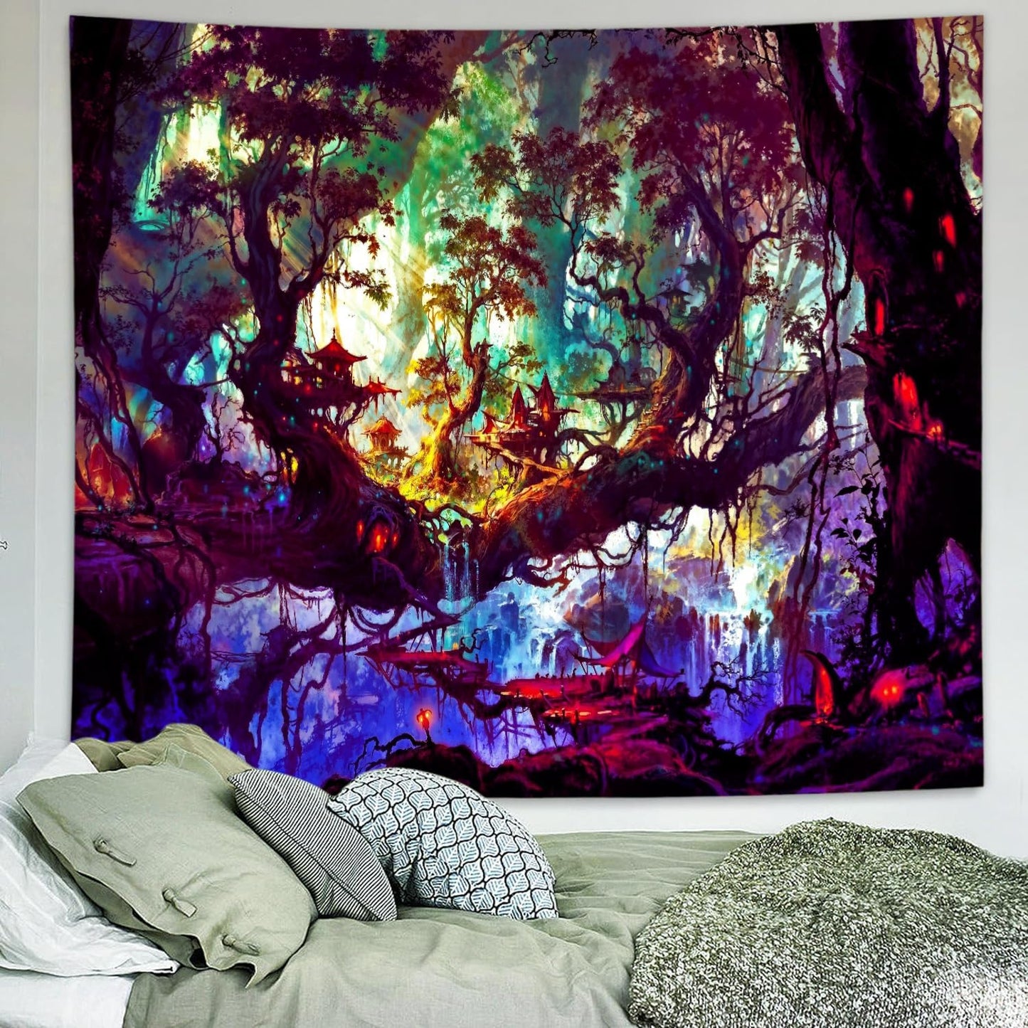Delur Fantasy Forest Tapestry Mystical Landscape Magical Enchanted Forest Tree Nature Tapestry Psychedelic Wall Hanging Headboard for Bedroom Living Room Home Decor (70.8" x 92.5")