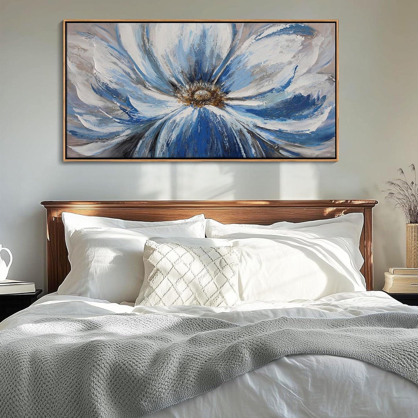 Blue Wall Art for Living Room Large White Flower Picture Wall Decor Canvas Art Wall Artwork Pictures for Bedroom Wall Decor Size 24x48(With Soild Wood Dark Framed)