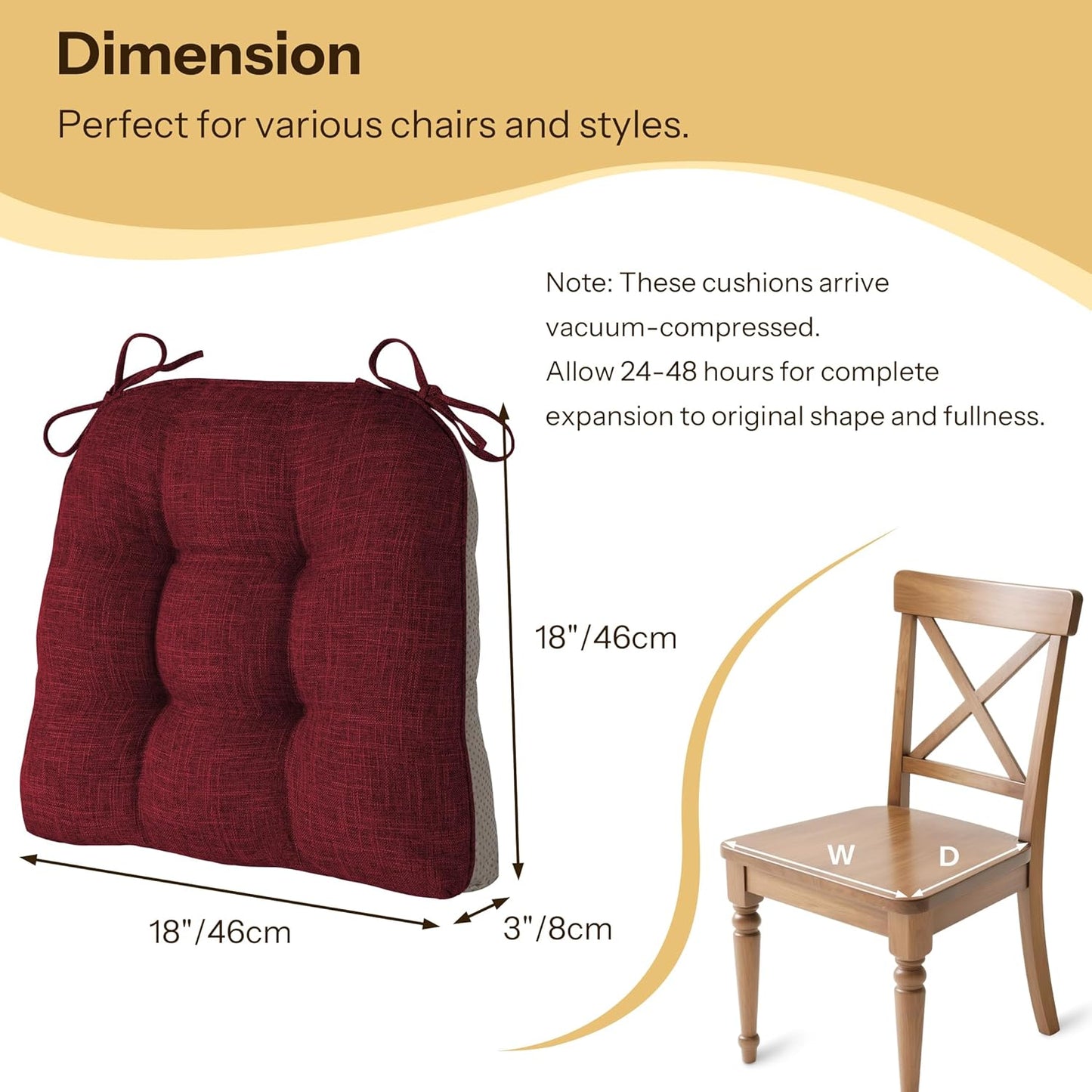 Non Slip Chair Cushions for Dining Chairs Set of 4 Kitchen Chair Cushions 18"x18"x3" Turfted Chair Pads Comfortable and Soft Seat Cushion with Ties, Burgundy