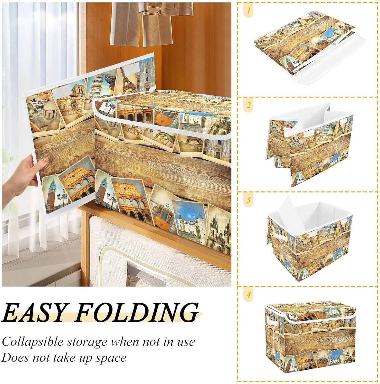 susiyo Vintage Parisian Attractions fabric storage baskets with lids,Collapsible Storage Boxes,Foldable storage boxes with handles for Home,Office,Closet Organization