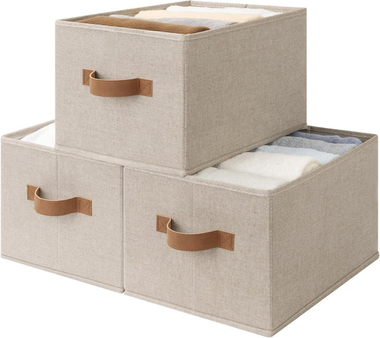 StorageWorks Storage Baskets for Shelves, Foldable Fabric Closet Storage Bins with Handles, Clothes Organizer Laundry Baskets, Brown & Beige, 3-Pack, Large