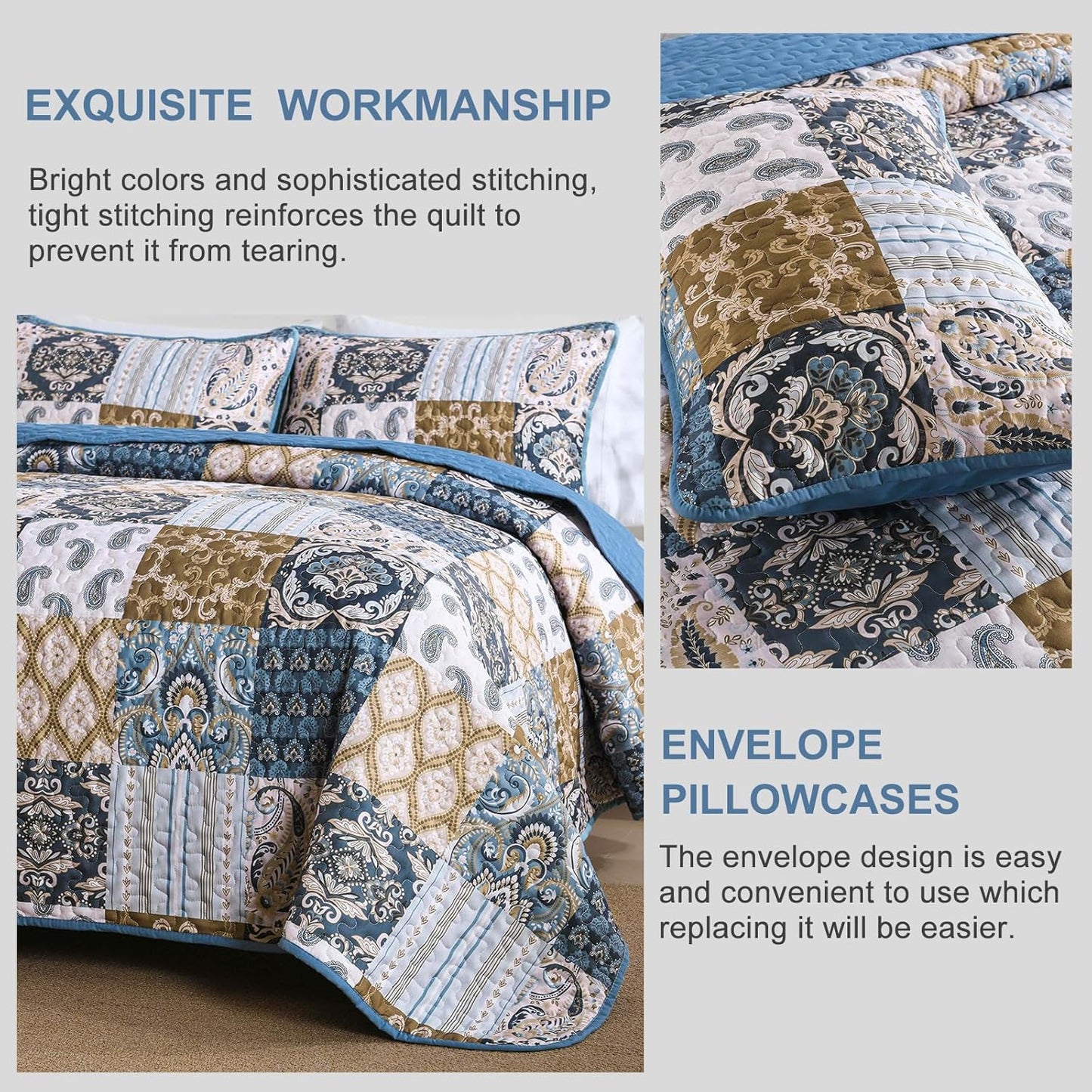 WONGS BEDDING Boho Quilt Set Queen Size, Blue Patchwork Plaid Bedspread Bedding Sets Paisley Soft Microfiber Quilts for Queen Bed 3 Pieces Coverlet Set for All Season (96"x90")