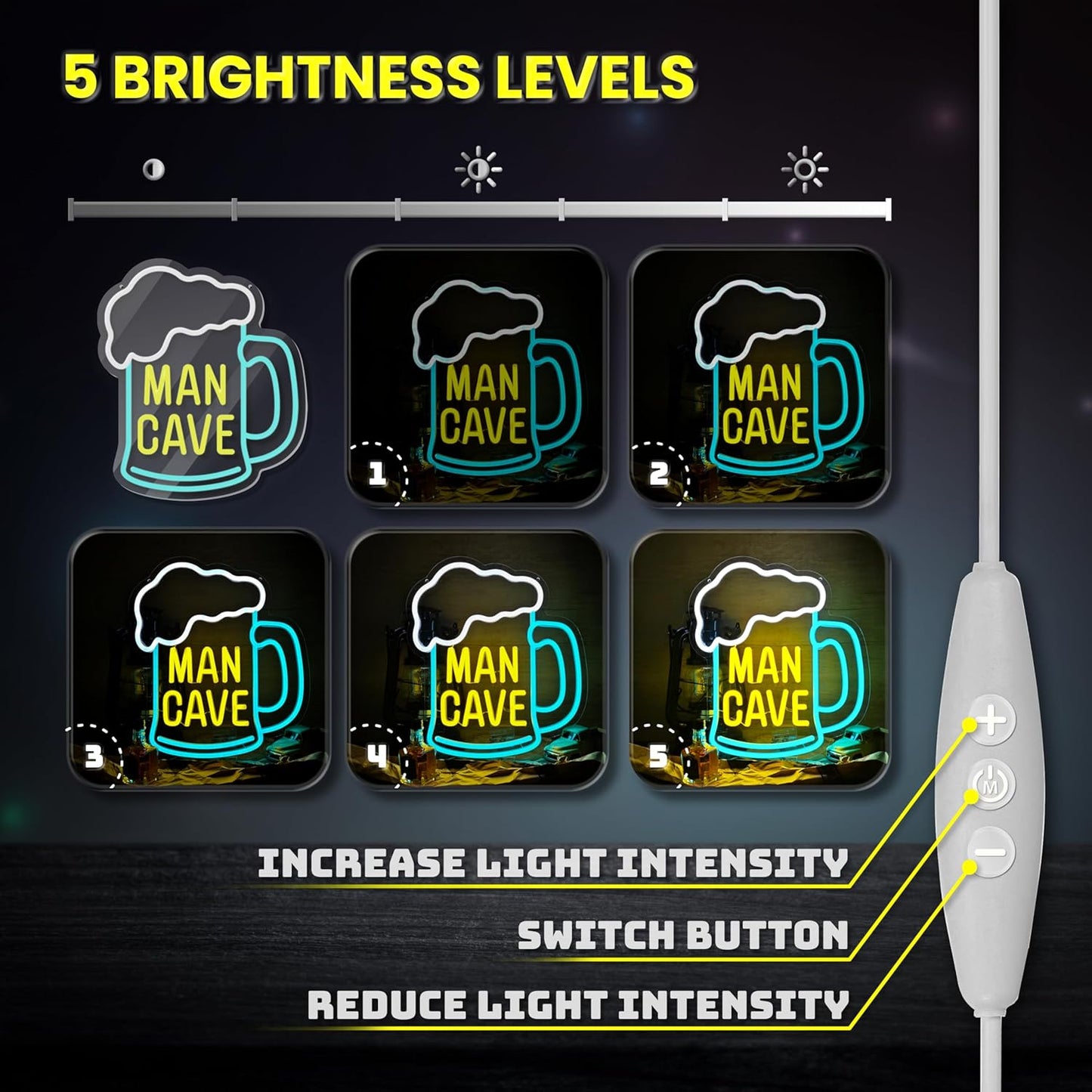 Man Cave Neon Sign, Beer Neon Signs for Wall Decor, Dimmable Acrylic Neon Lights for Man Cave Gamer Room Bedroom Bar Pub Party Decorations