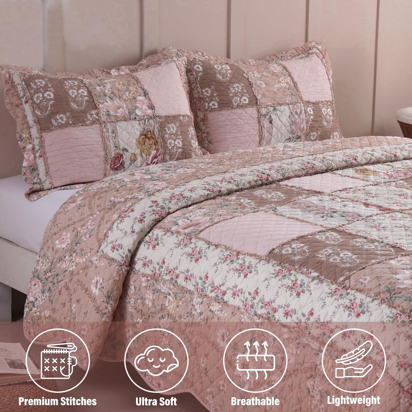 NEWLAKE Quilt Set Queen Size, Cotton Patchwork Pink Floral Quilt Sets, Real Stitched Embroidery Bedspread Lightweight and Breathable for All Seasons, Soft Quilted with 2 Pillow Shams