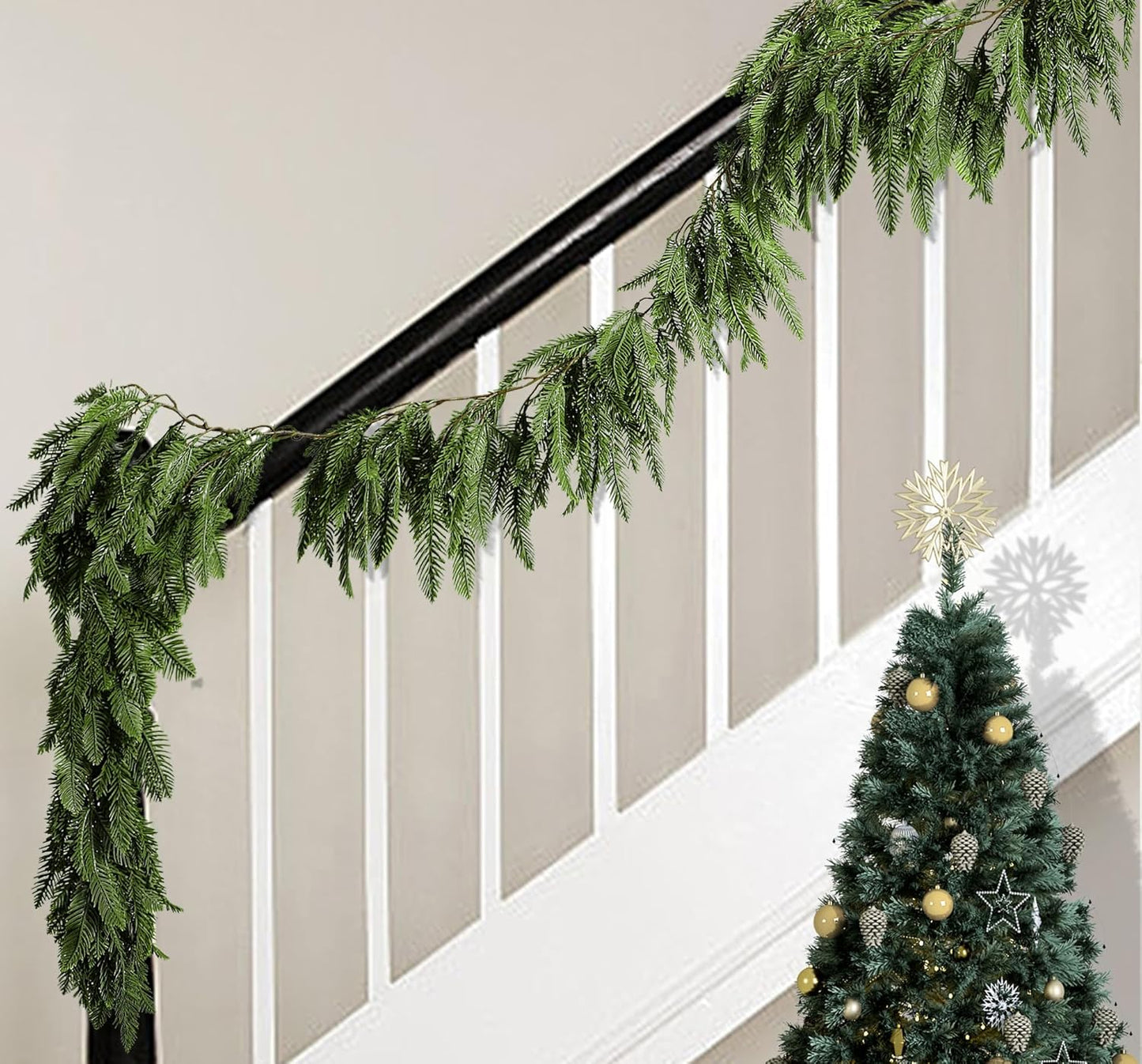Watayo 2 Pcs Christmas Norfolk Pine Garland, 6 Ft 3 Fork Dense Real Touch Pine Garland Ornament, Realistic Artificial Pines Greenery Garlands for Christmas Holiday Mantle Fireplace Table Home Decor