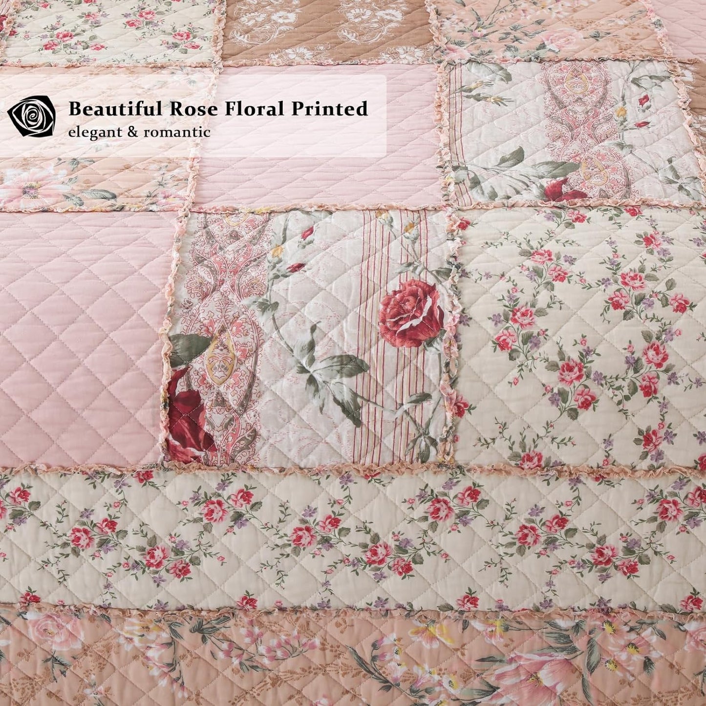Yvooxny Quilts Queen Size Patchwork Pink Floral Quilt Set Vintage Shabby Chic Botanical Floral Quilted Bedspread 3-Piece Quilt Set with Ruffle for All Seasons, Queen Size, 98 * 90 Inches