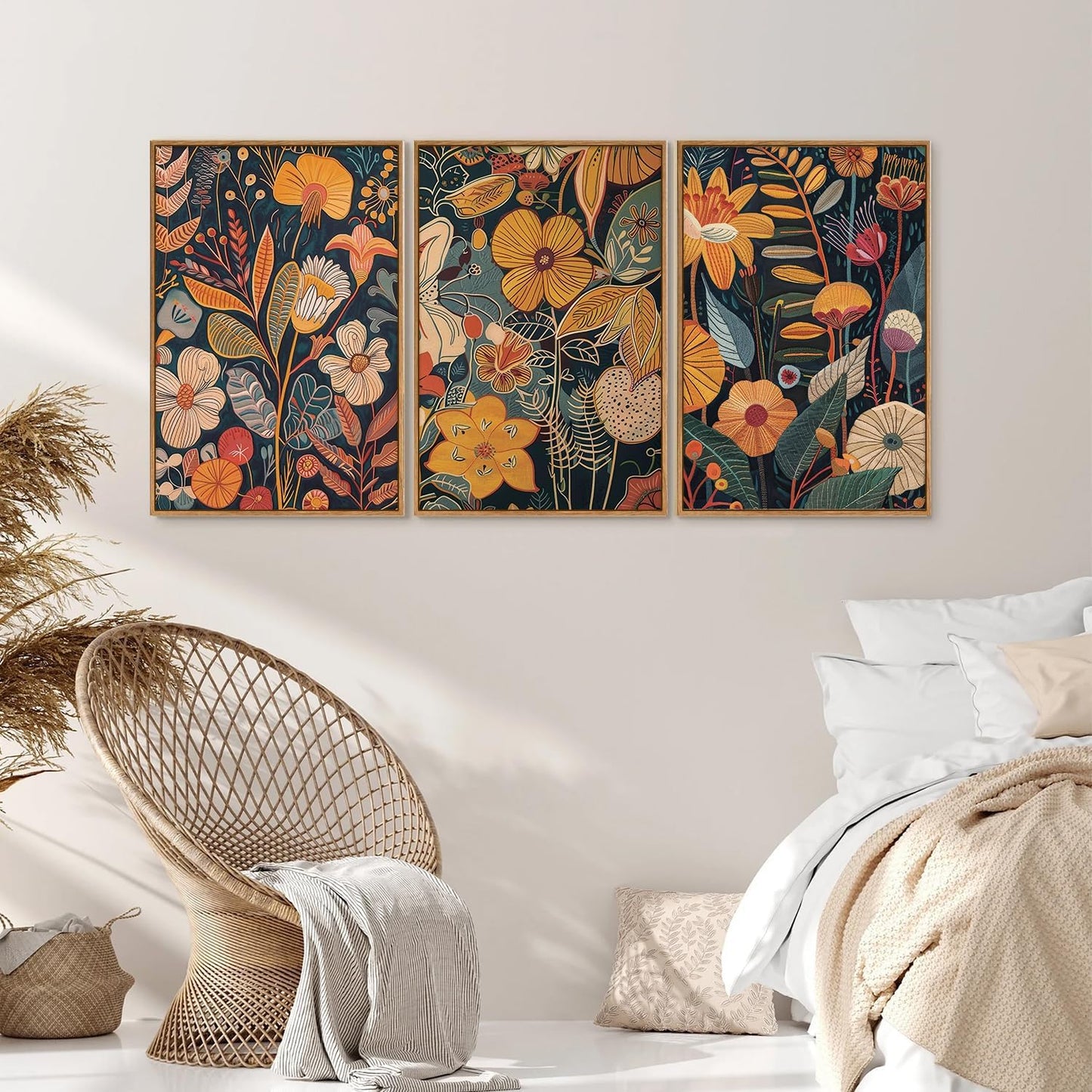 SIGNINART Boho Botanical Framed Canvas Wall Art Set of 3, Mid Century Modern Wall Decor, Burnt Orange Floral Artwork, Neutral Flower Plant Art Prints for Bedroom Living Room Office 24"x36"x3