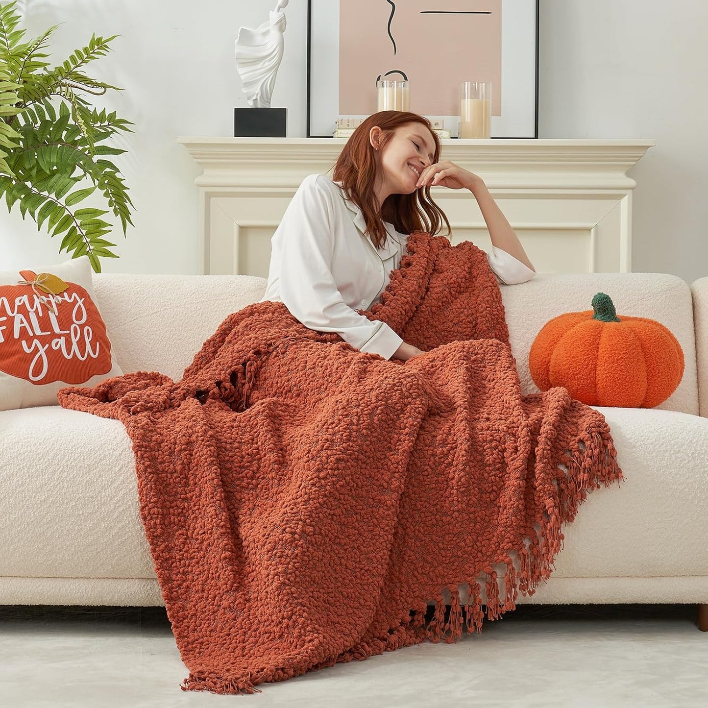 Amélie Home Knit Throw Blanket with Tassels for Couch, Luxury Boho Throw Blanket for Summer Orange, 50"x60"