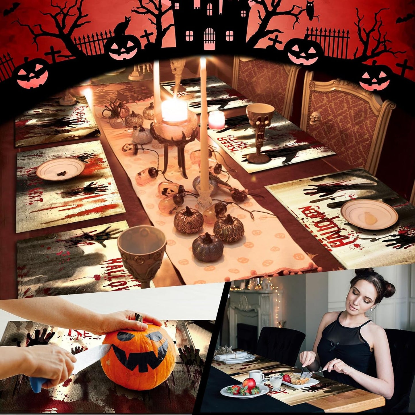 Umigy 6 Pcs Halloween Placemats 12"x18" Gothic Bat Placemats Kitchen Decoration Washable Witch Place Mats Rectangle Skull Table Mats for Halloween Dining Table Accessories (Bloody Hands Style)