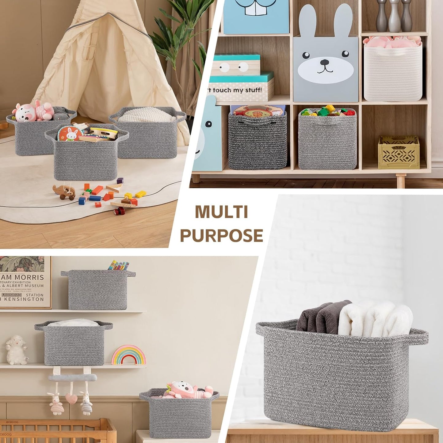 OIAHOMY Storage Basket, Woven Baskets for Storage, Cotton Rope Basket for toys,Towel Baskets for Bathroom - Pack of 3, Light Grey