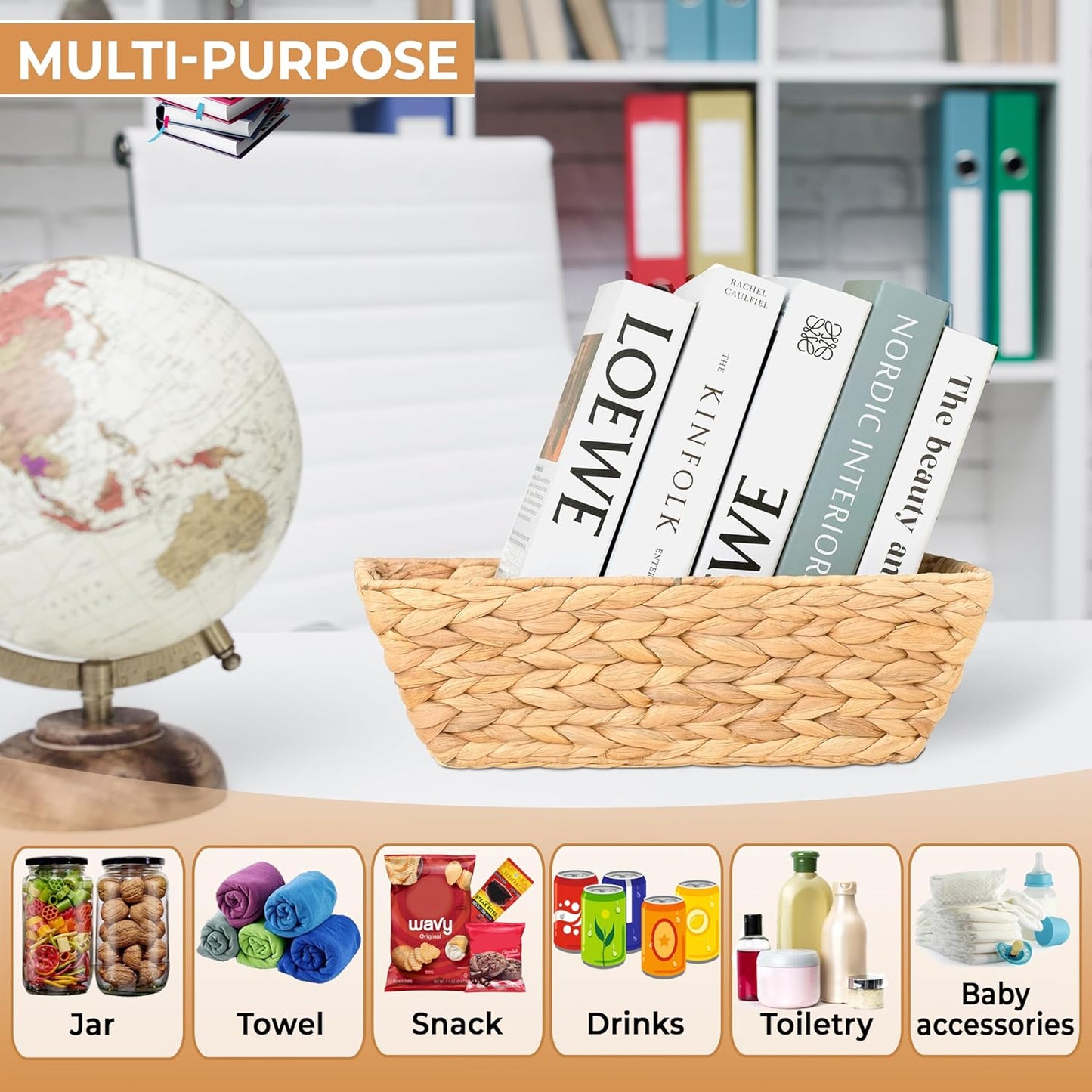 Set of 6 Snack Baskets, Wicker Snack Basket Organizer for Office, Small Wicker Baskets with Handles, (6 Medium Basket)