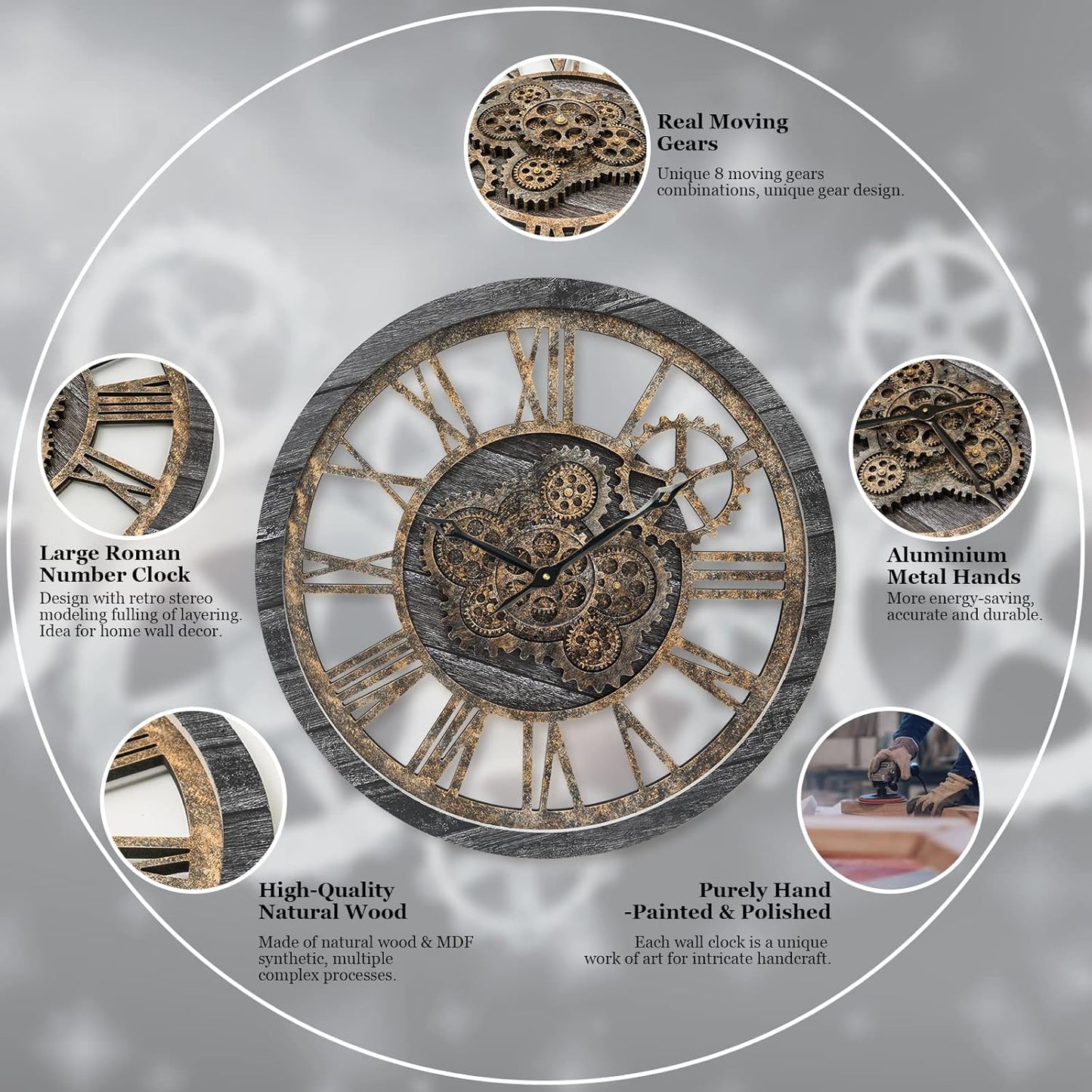 HOIBAI Wall Clock, Large Wall Clocks for Living Room Decor 18 Inch Battery Operated Silent Non-Ticking Modern Farmhouse Vintage Roman Big Wall Clock for Home Bedroom House Office, Moving Gears Clock