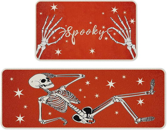 Halloween Kitchen Mat Set of 2, Spooky Skeleton Gothic Halloween Kitchen Decor, Halloween Rug for Floor, Indoor Spooky Home Decor with Non-Slip Backing,17 x 29 Inch & 17 x 47 Inch