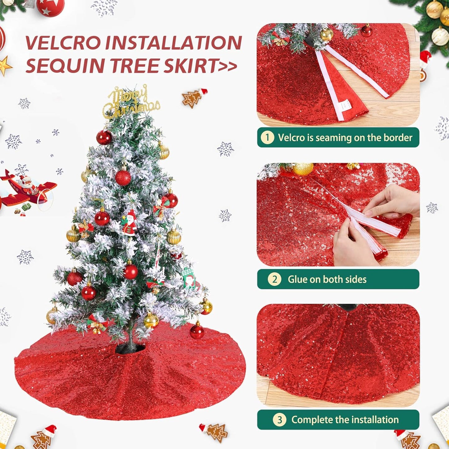 Red Christmas Tree Skirt 36 Inch Sequin Tree Skirt Sparkle Xmas Ornaments New Years Party Decorations