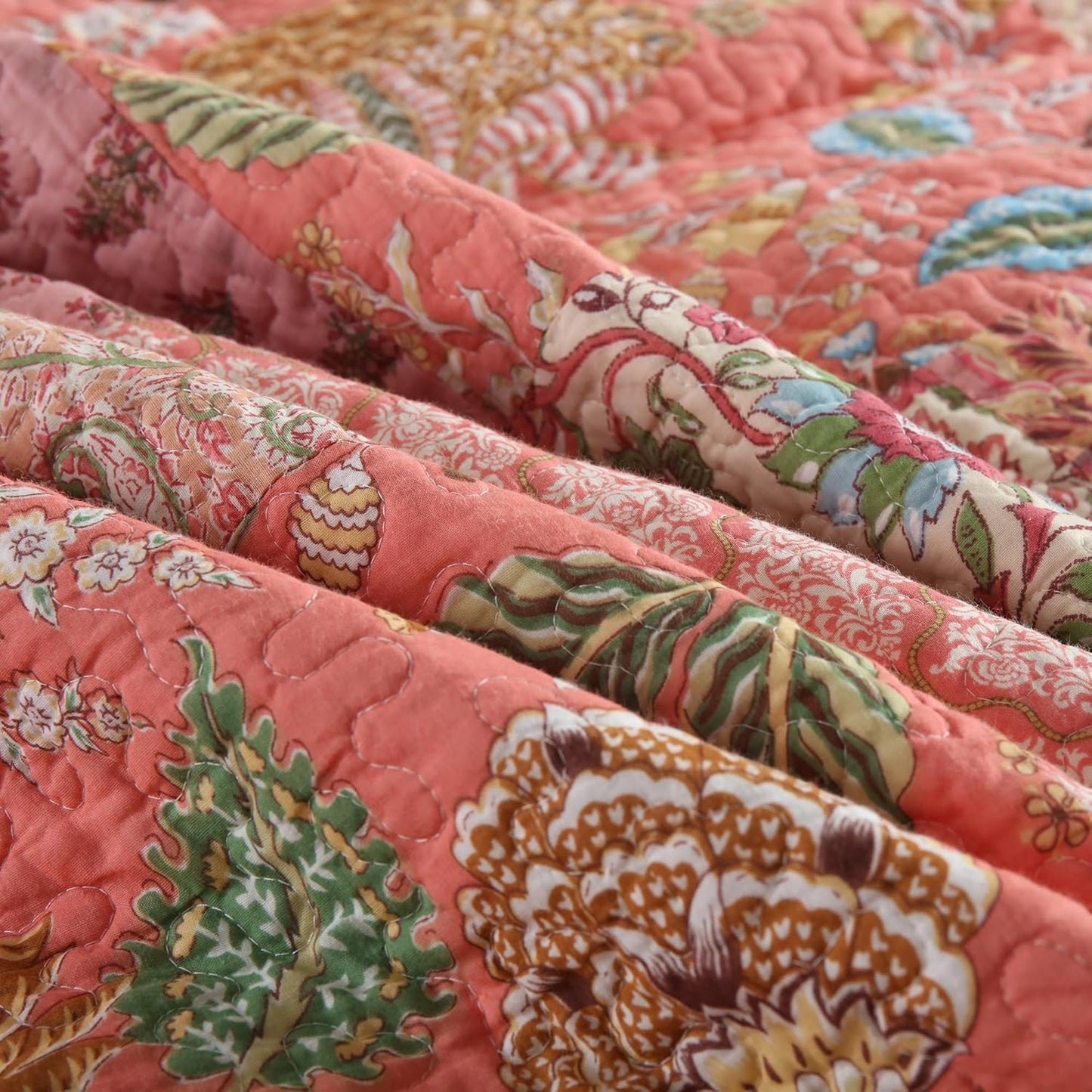 NEWLAKE Cotton Patchwork Bedspread, 3-Piece Bedding Quilt Set with Real Stitched Embroidery, Reversible Matelasse Bed Coverlet Set,Bohemian Floral,California King Size