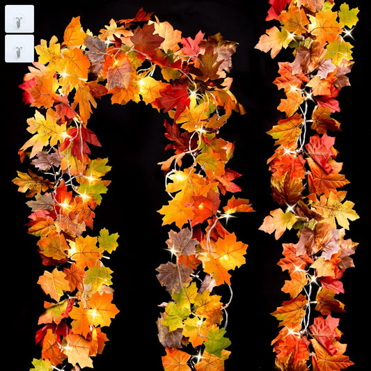 Ouddy Decor 2 Pack Fall Garland with Lights Decorations Maple Leaves Fall Lights Total 20 Ft 60 Led Mixed Color Battery Operated for Indoor Outdoor Autumn Harvest Thanksgiving Halloween Fall Decor