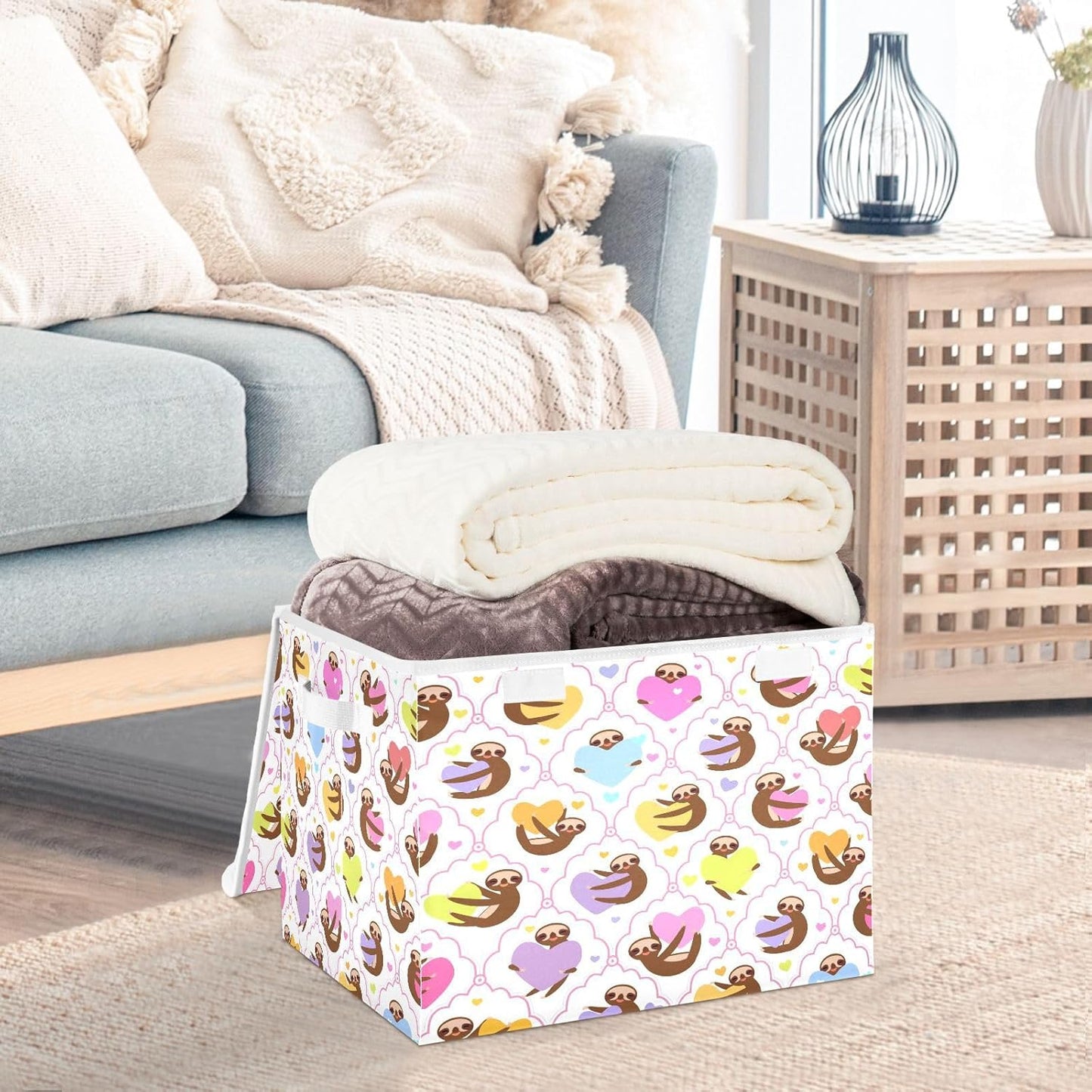 susiyo Sloth Holding Yellow Lilac fabric storage baskets with lids,Collapsible Storage Boxes,Foldable storage boxes with handles for Home,Office,Closet Organization