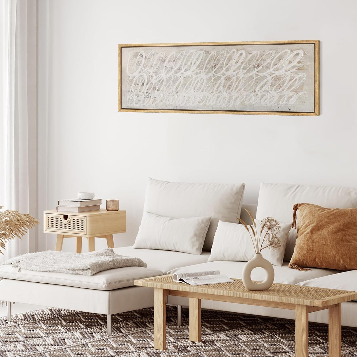 MUDECOR Large Framed Canvas Print Wall Art White Abstract Calligraphy Antique Retro Fine Art Illustrations Decorative Colorful for Bedroom - 60"x20"