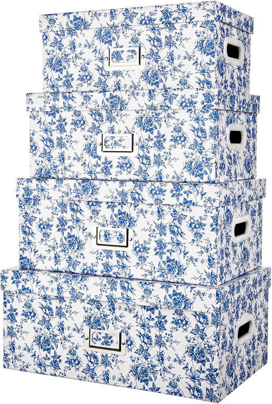 Briful Set of 4 Blue and White Storage Boxes with Lids – Photo Boxes Elegant Floral Nesting Organizer Bins, 14''/13''/12.2''/7.5'' Set Decorative Cardboard Gift Boxes for Home or Office Use