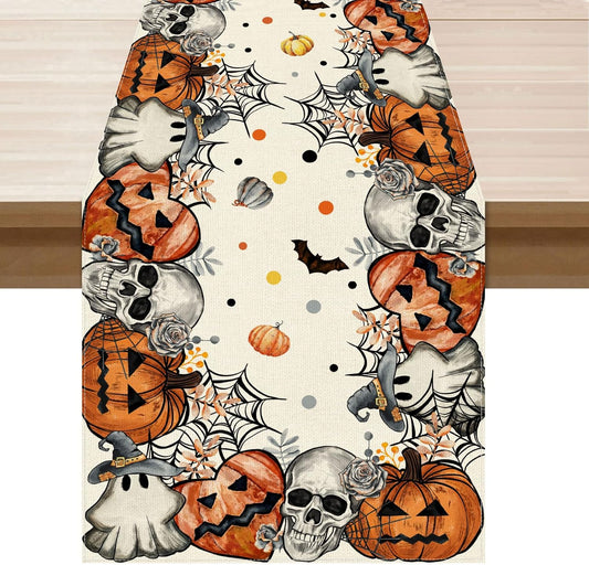 XCHI Spooky Skeleton Ghost Pumpkin Halloween Table Runner Party Table Decoration for Home Kitchen Dining Holiday Decor 13x60 Inch