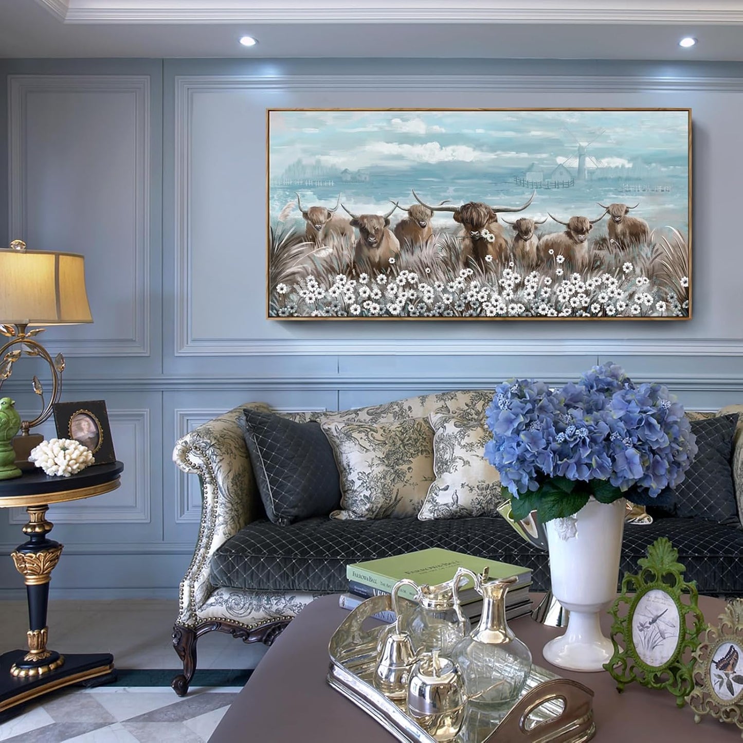 Extra Large Framed Wall Art for Living Room Big Boho Farmhouse Highland Cow Canvas Artwork Flower and Animal Picture Rustic Coastal Blue and Brown Decor for Office Bedroom Kitchen