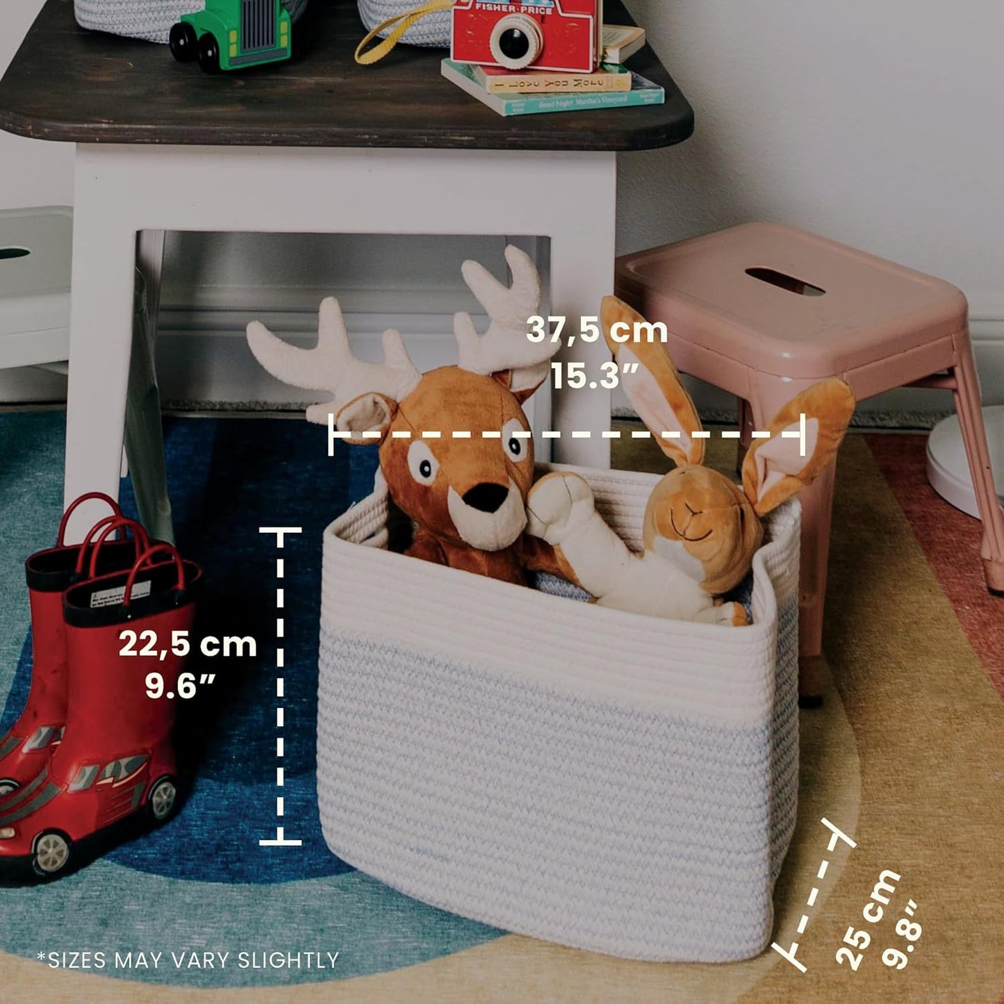 OrganiHaus Woven Storage Baskets for Organizing, Cotton Rope Organizer Bins for Shelves, Closet & Nursery, Dog Toy Basket, Decorative Bins for Toys, Towels & Books - 15x10x9, Blue/Off-White