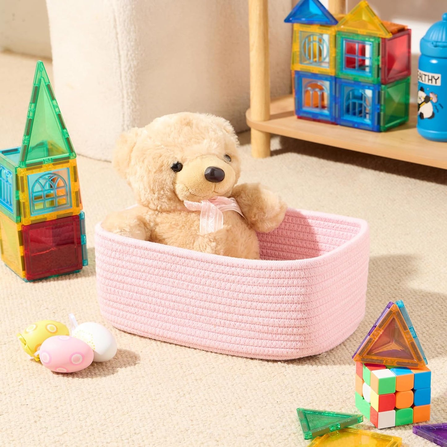 Small Storage Baskets for Organizing | Closet Organizer Bins | Shelf Toy Basket | Woven Rope Baskets | Cube Decorative Box | Shallow Basket | 11.5x7.5x4.7” | 3 Packs Light Pink