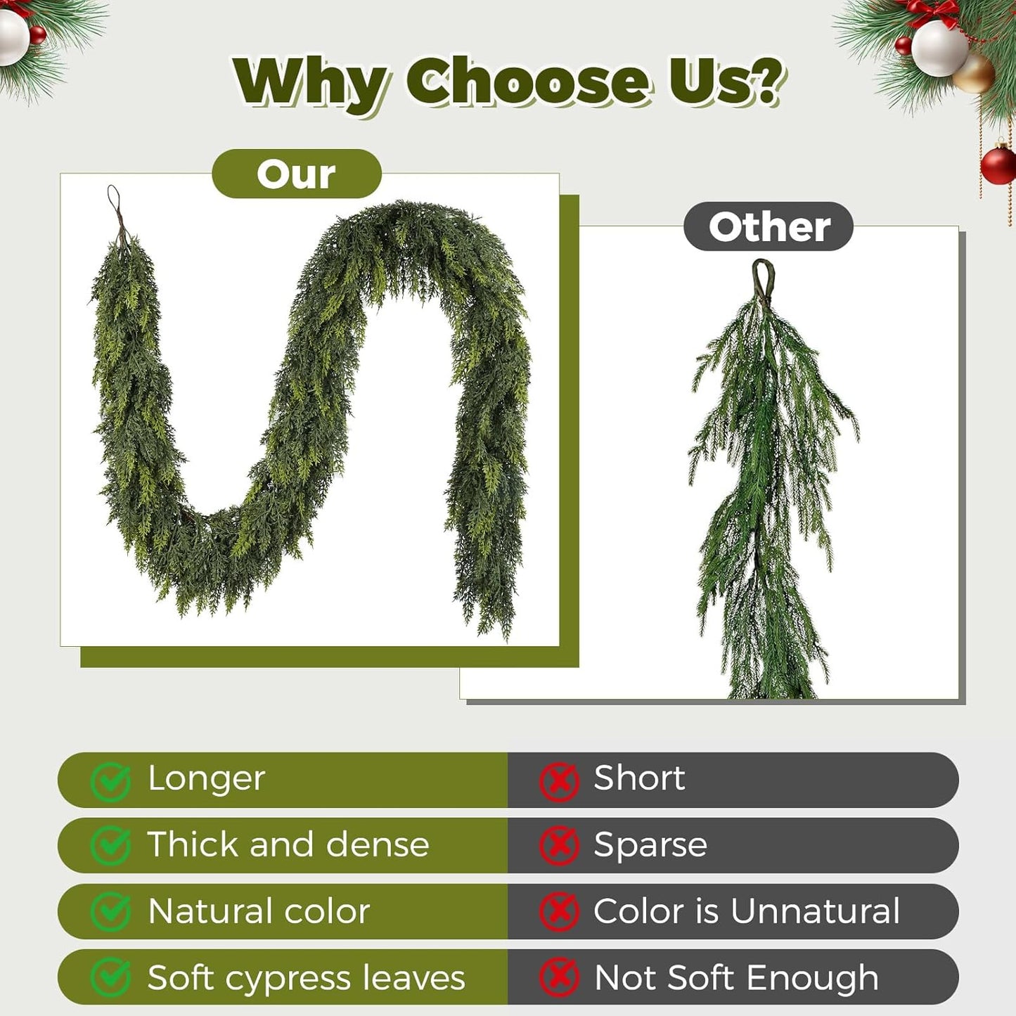 6 ft Christmas Garland, Cedar Garland, Real Touch Cypress Garlands, Green Artificial Greenery Garland for Mantel Indoor Outdoor Christmas Decorations