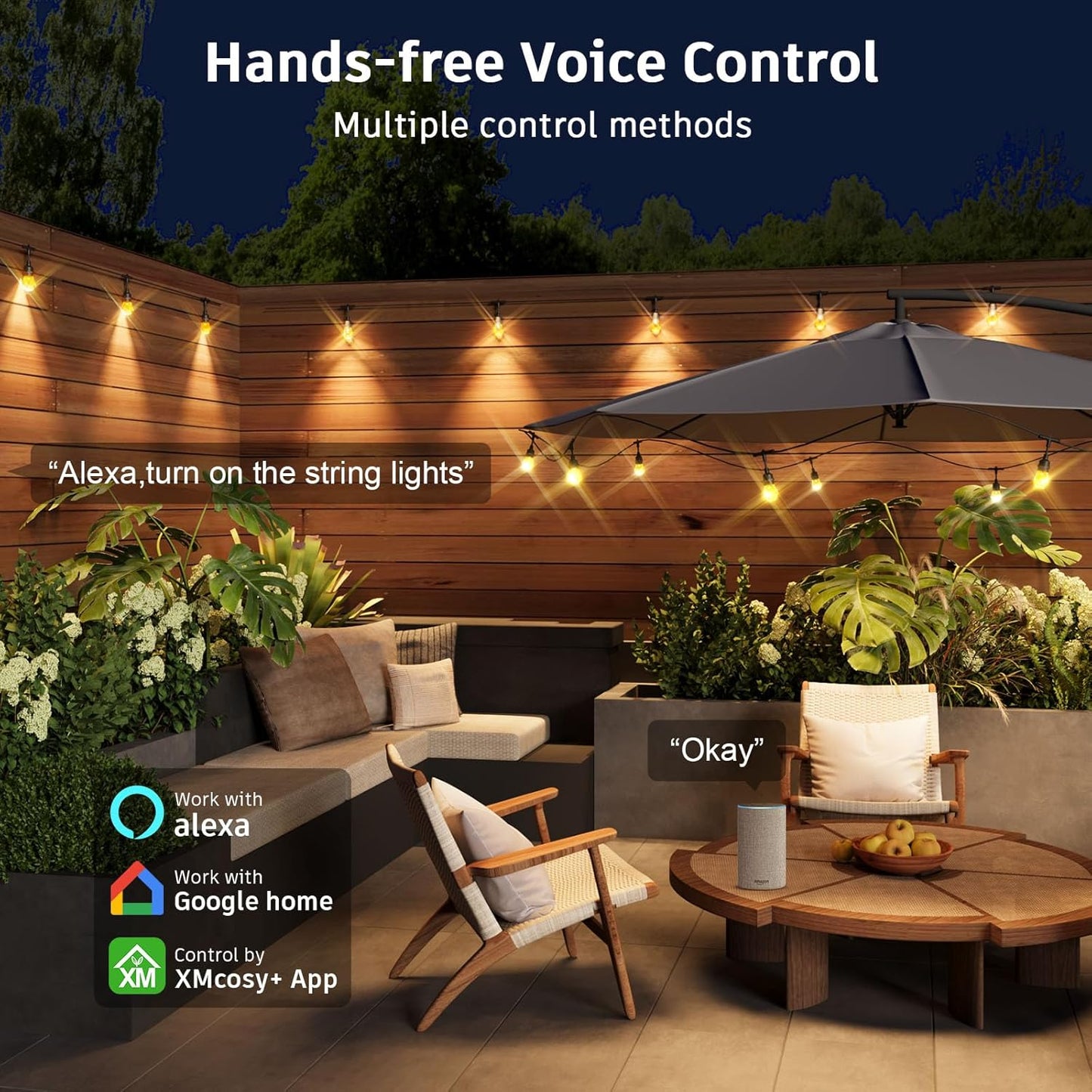 XMCOSY+ Smart Outdoor String Lights - 64ft RGBCWIC Patio Lights with 24 Color Changing Bulbs, LED String Light for Outside Backyard Bistro Party, APP WiFi Control, Work with Alexa, IP65 Waterproof
