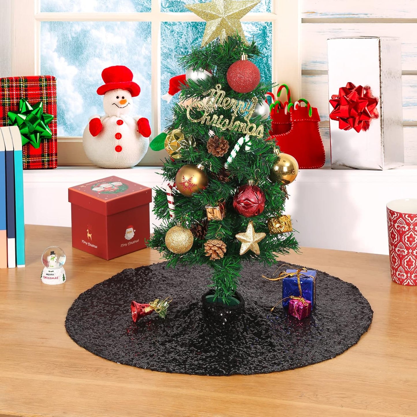 Glitter Black Tree Skirt 24 Inches Sequin Fabric Xmas Small Tree Skirt Tabletop Tree Christmas Halloween Party Ornaments