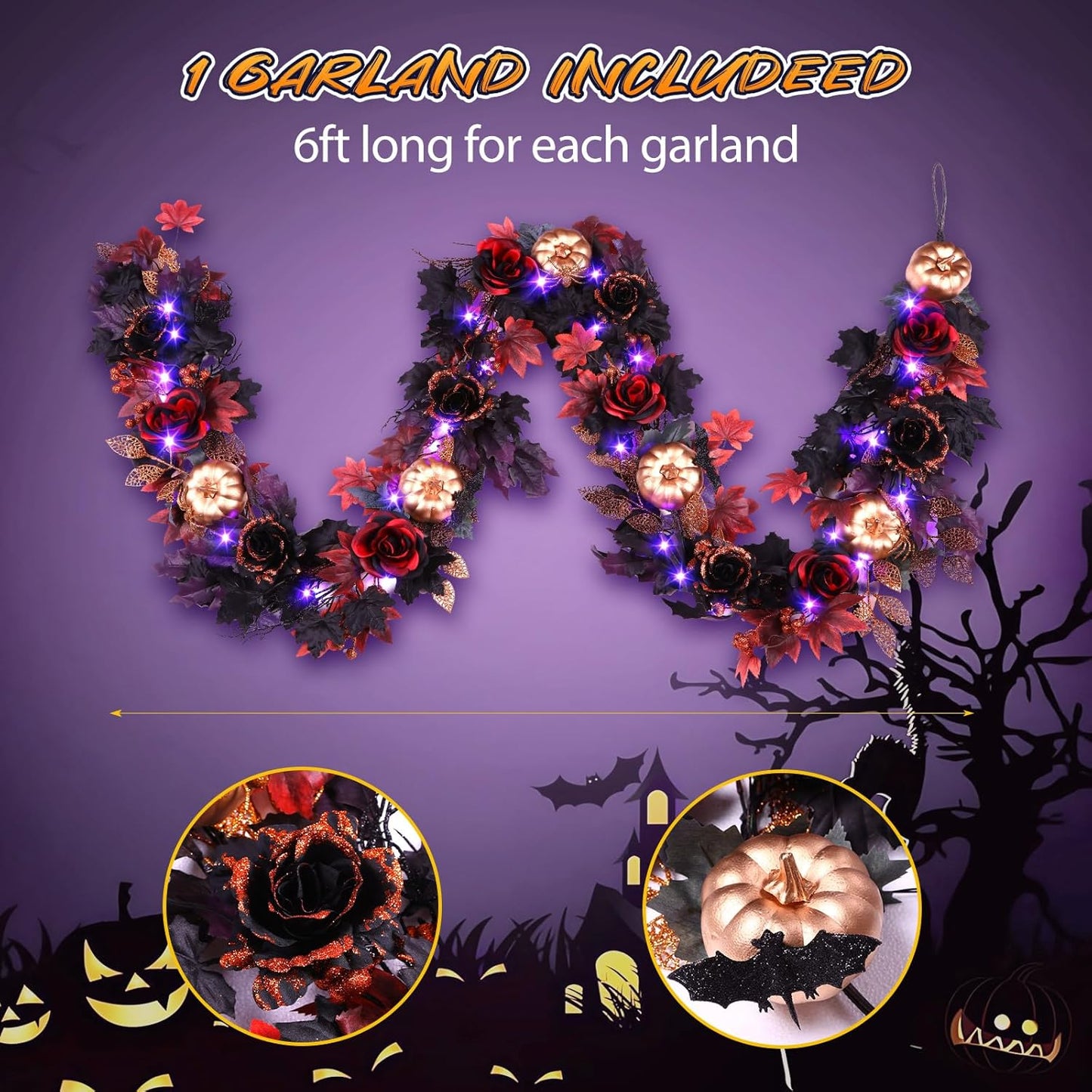 SHareconn 6FT Halloween Garland with Purple Lights Battery Operated and Timer, Pre-Lit Black Red Maple Leaves Lighted Garland Decorations for Fireplace Mantle Centerpiece Indoor Outdoor Decor, 6 FT
