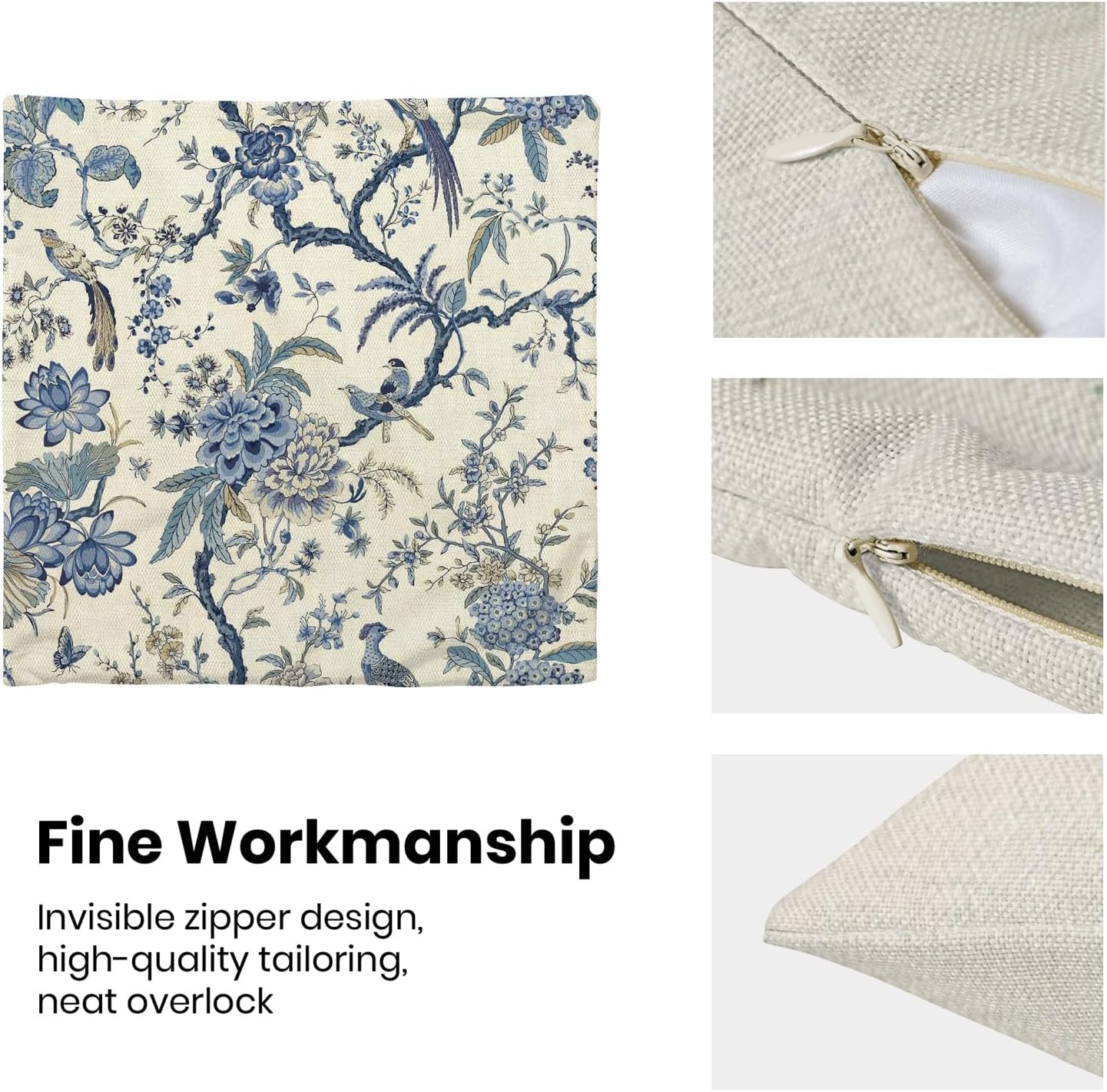 CXMEIFLY Spring Floral Birds Pillow Covers 18 x 18 Inch Set of 2 for Chinoiserie Flowers Decor Throw Pillows Blue and White Plant Outdoor Decorative Cushion Cases for Couch Bed Decorations