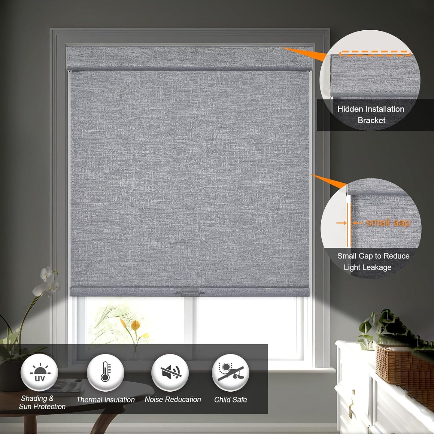 Persilux Blackout Roller Shades for Indoor Windows with Upgraded Cassette, Cordless Shades Window Blinds Pull Down for Doors, Easy to Install for Office/Living Room/Bedroom, Grey(40.5" W x 64" H)