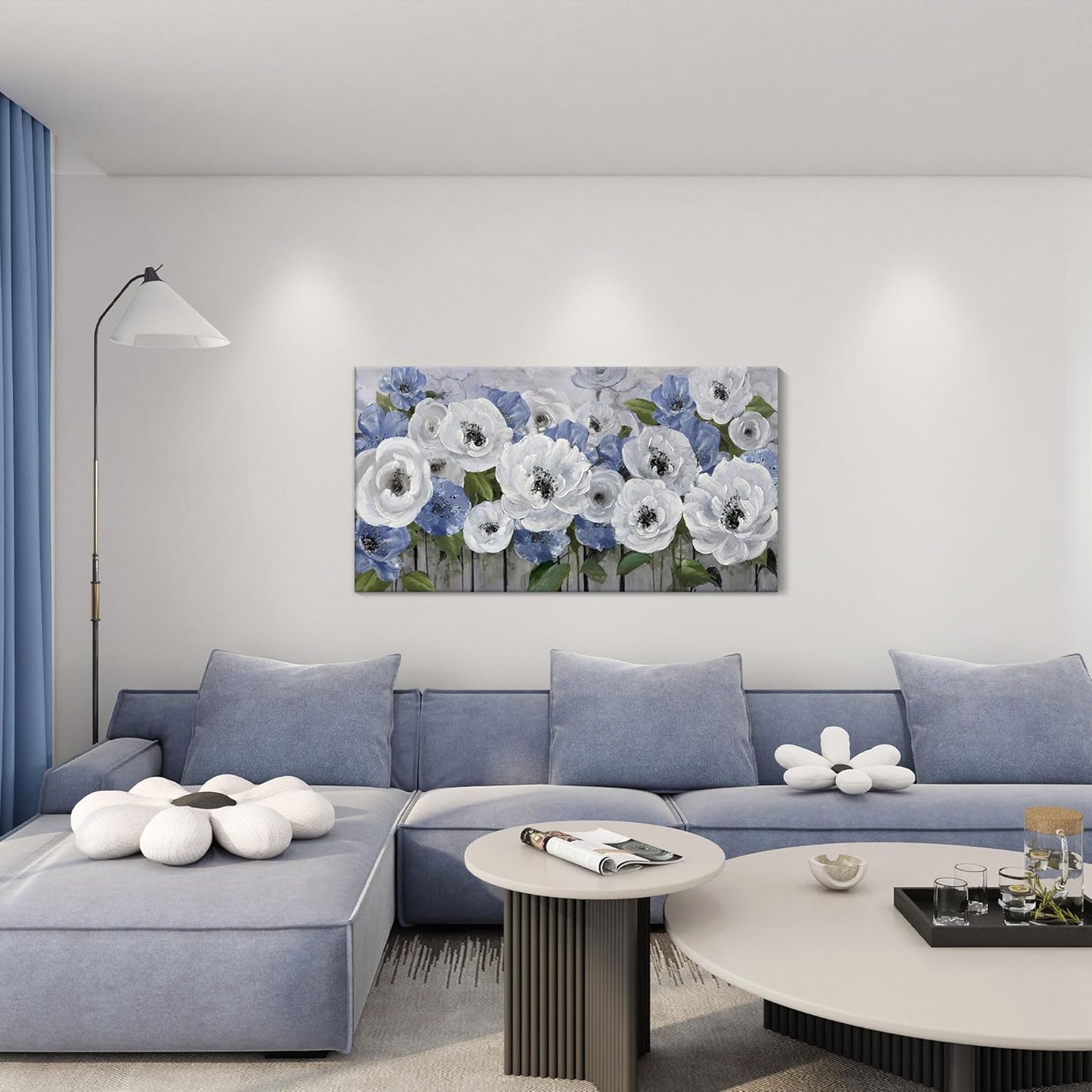 Floral Wall Art for Living Room-Large Blue and White Flower Paintings, Textured Nature Artwork Pictures on Canvas, Landscape and Flower Wall Art for Bedroom Decor