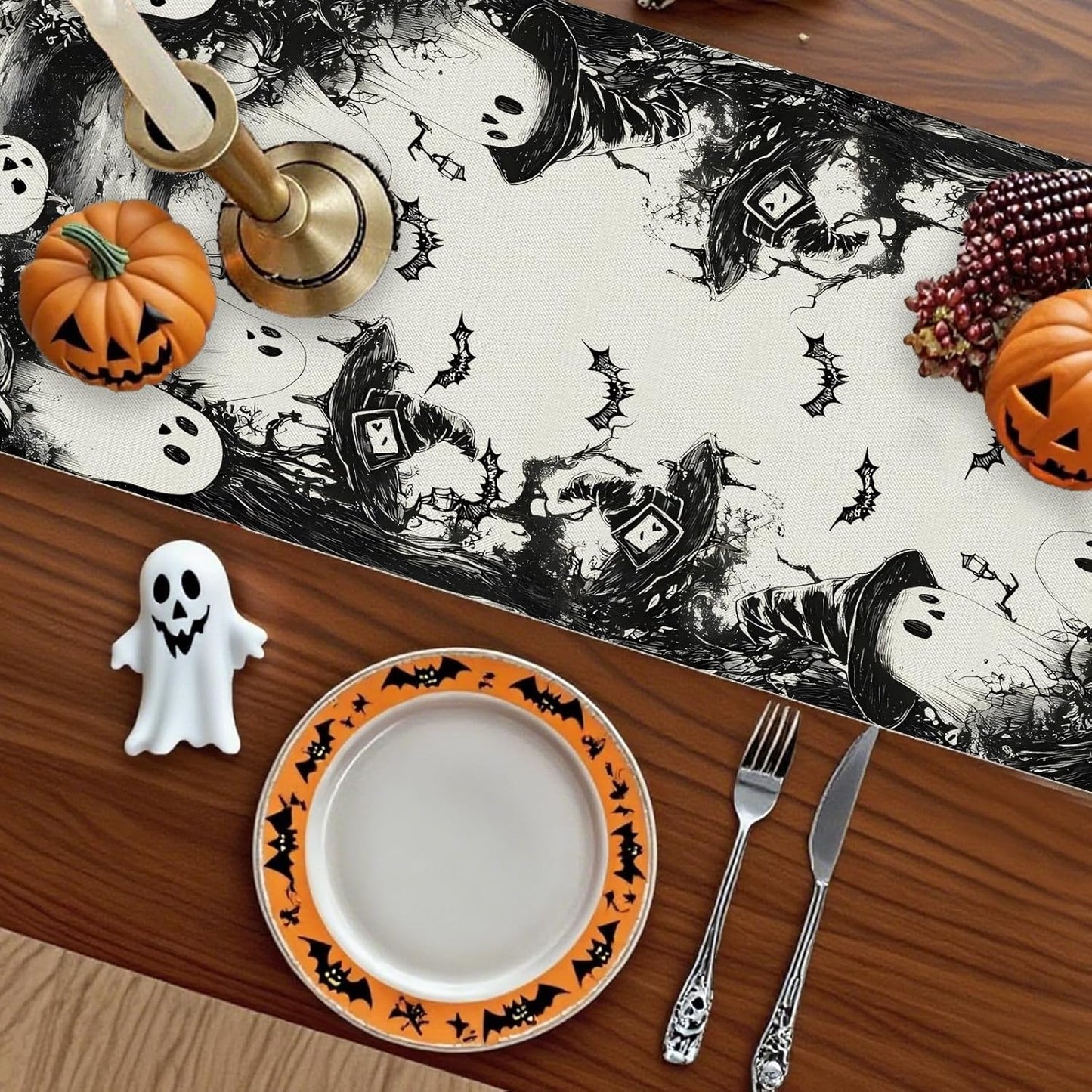 GPGHE Halloween Table Runner Black Ghost Holiday Burlap Table Decoration Indoor Outdoor Home Decor Party Supply 13 x 36 Inch