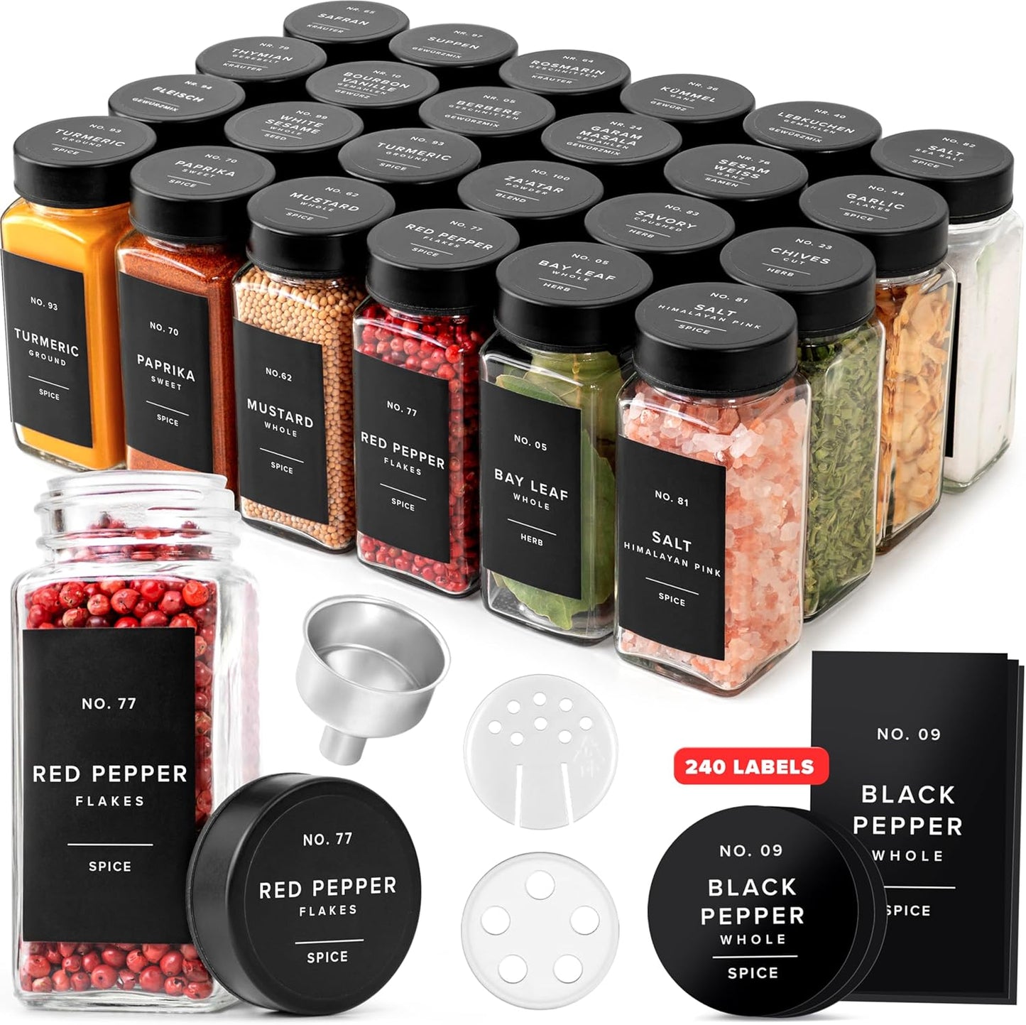 Glass Spice Jars with Label and Stainless Steel Lids (24 x 4oz) Spice Containers with 240 Labels, Shaker Inserts, Steel Funnel, Empty Square Empty Square Seasoning Organizer (Black)