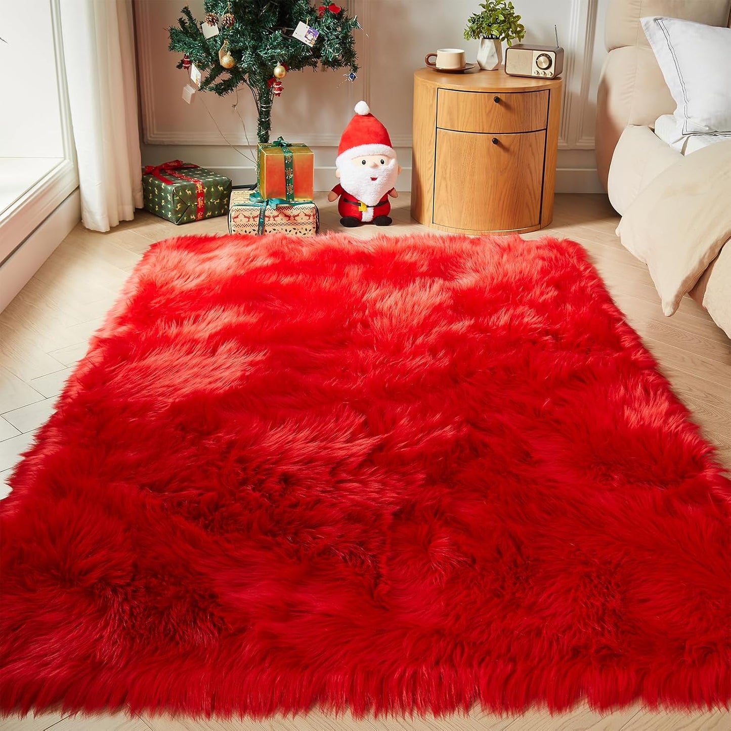 AMTOVO Faux Fur Sheepskin Rug for Living Room, 4 x 6 ft Red Fluffy Area Rug for Bedroom, Playroom, Luxury Room Decor, Rectangle