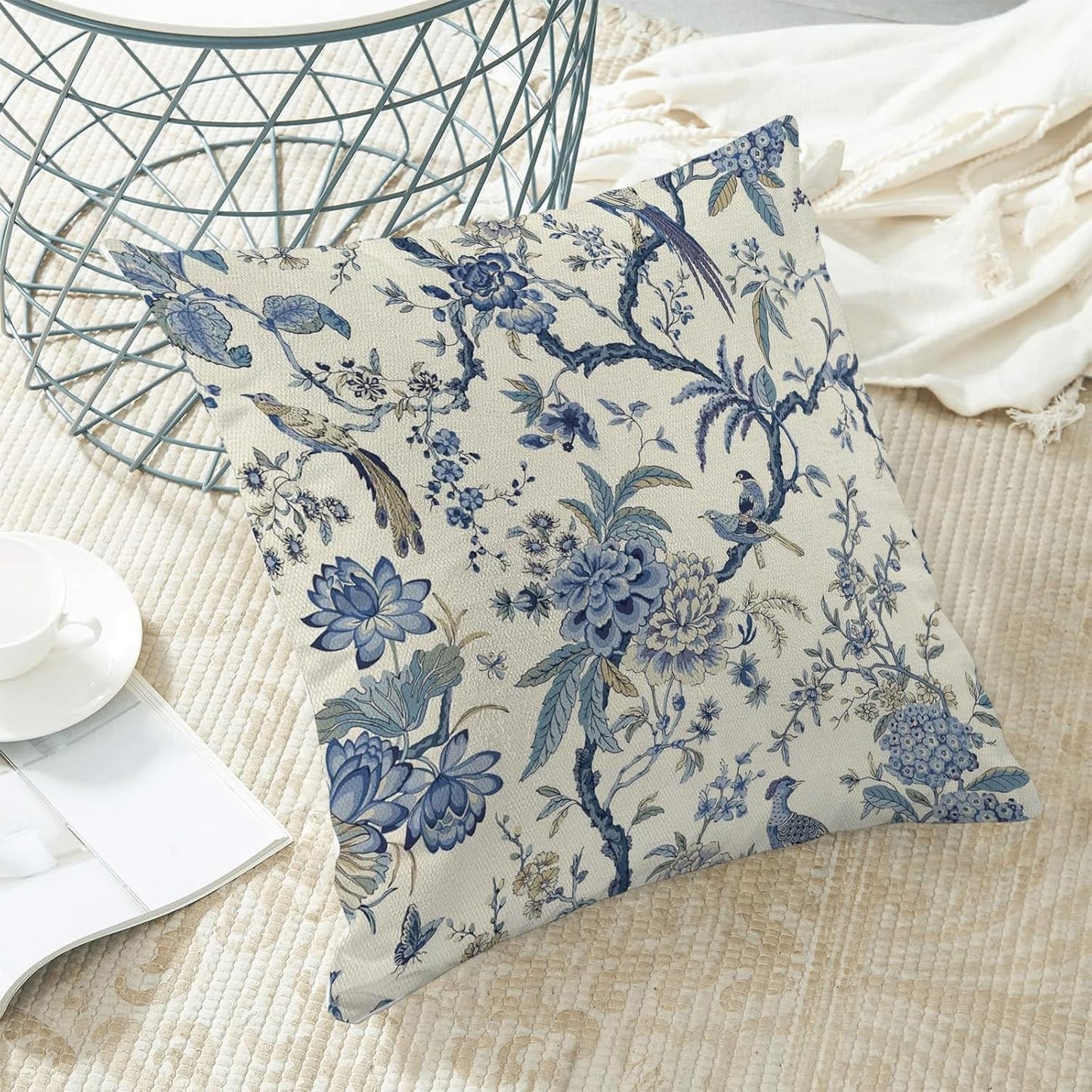 CXMEIFLY Spring Floral Birds Pillow Covers 24 x 24 Inch Set of 2 for Chinoiserie Flowers Decor Throw Pillows Blue and White Plant Outdoor Decorative Cushion Cases for Couch Bed Decorations