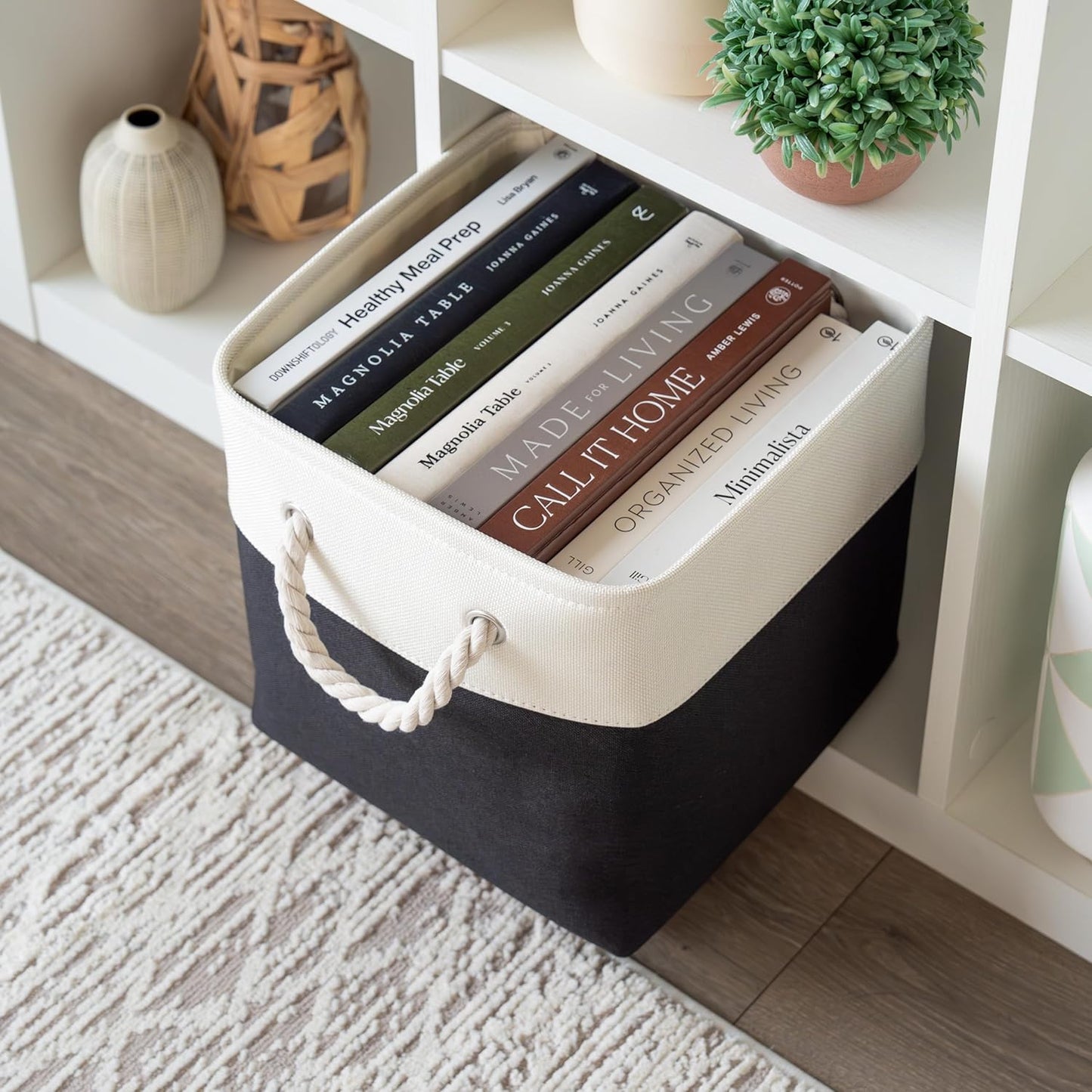 OrganiHaus 11x11 Cube Storage Bins 4 Pack, Foldable Cube Storage Organizer w/ Rope Handles, Collapsible Fabric Bins for Toys, Clothes & Closet Organization, Fabric Square Baskets - Black/White