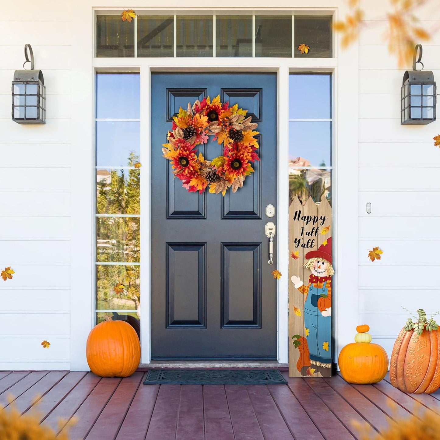 Glitzhome 24''D Fall Wreath with Hanger, Artificial Autumn Wreath for Front Door with Sunflower, Pinecone and Berry, Harvest Wreaths Decor for Indoor Outdoor Holiday Decoration