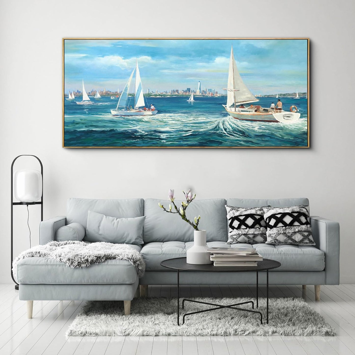 XLSJERST Large Blue Canvas Wall Art Seascape Painting - Landscape Picture Textured Navy Modern Sailboat Ocean Artwork Framed for Living Room Bedroom Bathroom Home Office Wall Decor Large Size 70"x31"