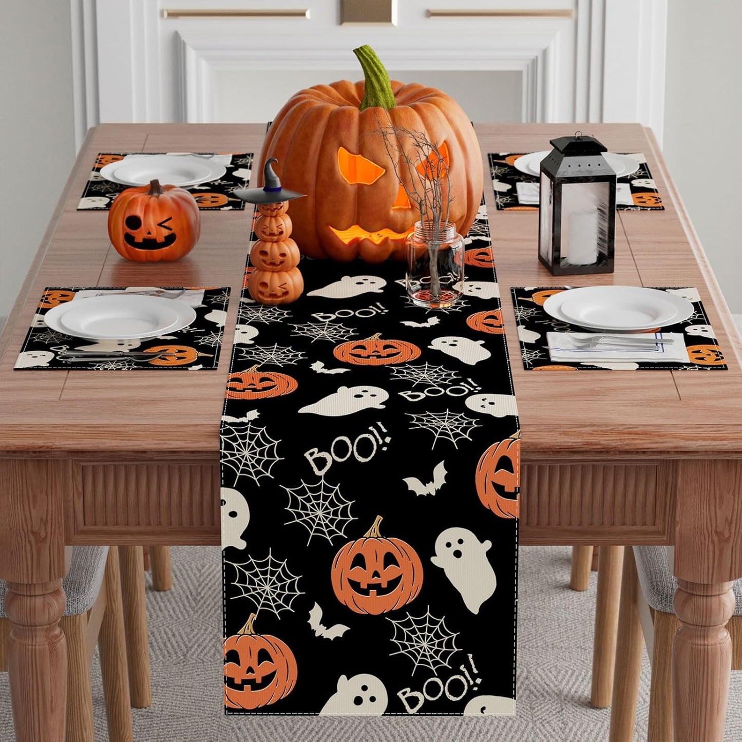 XCHI Boo Spooky Ghost Pumpkin Halloween Table Runner Burlap Table Decoration for Home Kitchen Dining Dinner Indoor Holiday Farmhouse Decor 13x72 Inch