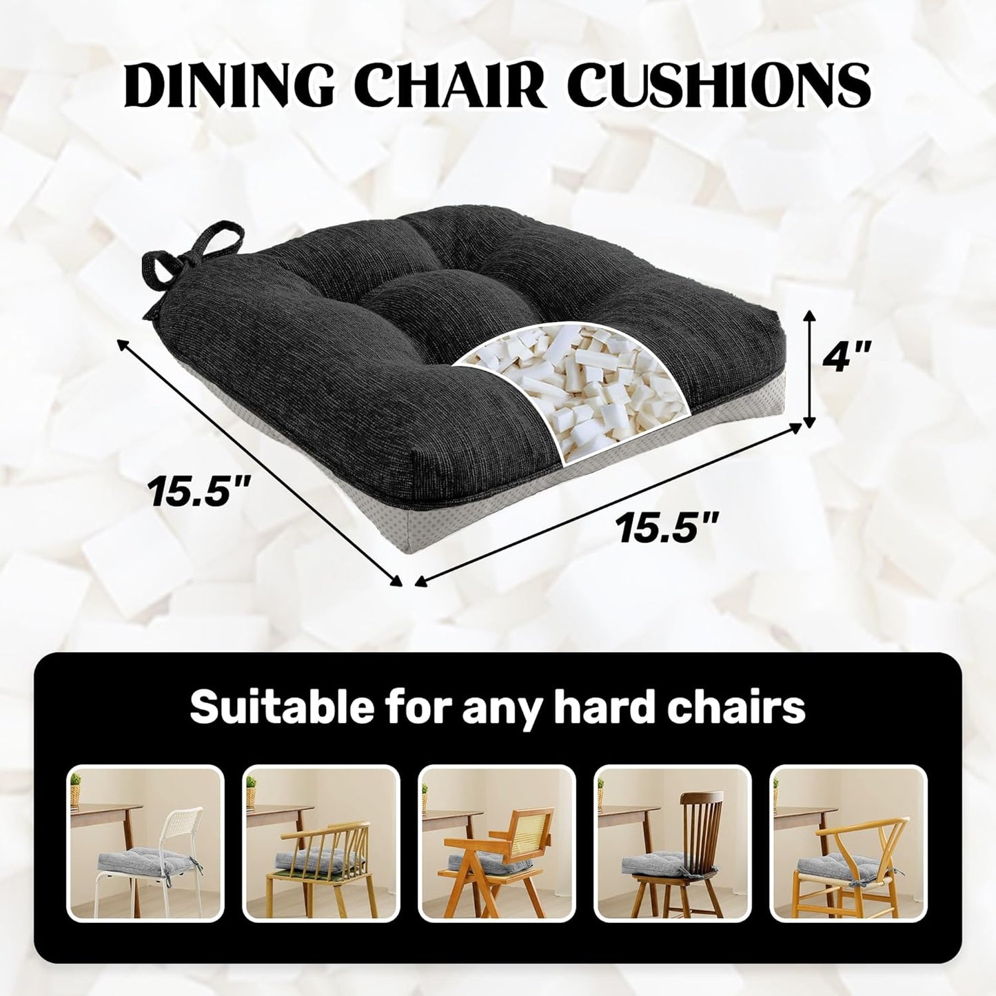 puredown® Chair Cushions for Dining Chairs, Tufted Memory Foam Chair Pads with Non-Slip Backing, Kitchen Seat Cushions with Ties, Washable Seat Pad Set of 4, 15.5" x 15.5" x 4", Black