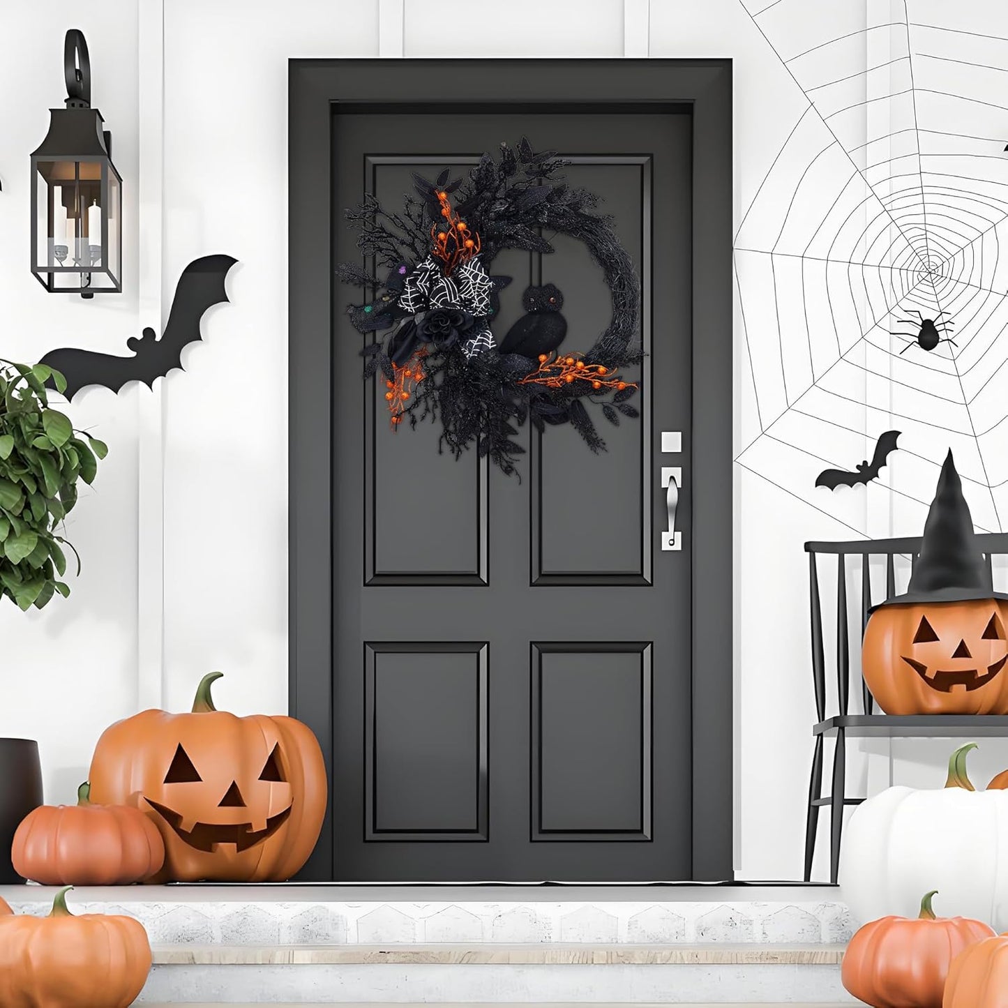 20 Inch Halloween Owl Wreath for Front Door - Gothic Garland with Natural Vines & Black Roses, Outdoor Indoor Decor for Porch, Wall, Window, Party Home Decor