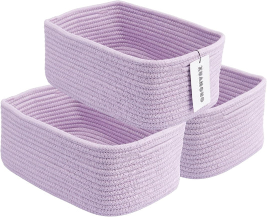 Small Woven Storage Baskets 12“X8”X5“ Decorative Rope Bins for Organizing Shelves, Closets, and Toys, Empty Gift Baskets, Cute Organizer Basket for Home and Office (purple, regular)