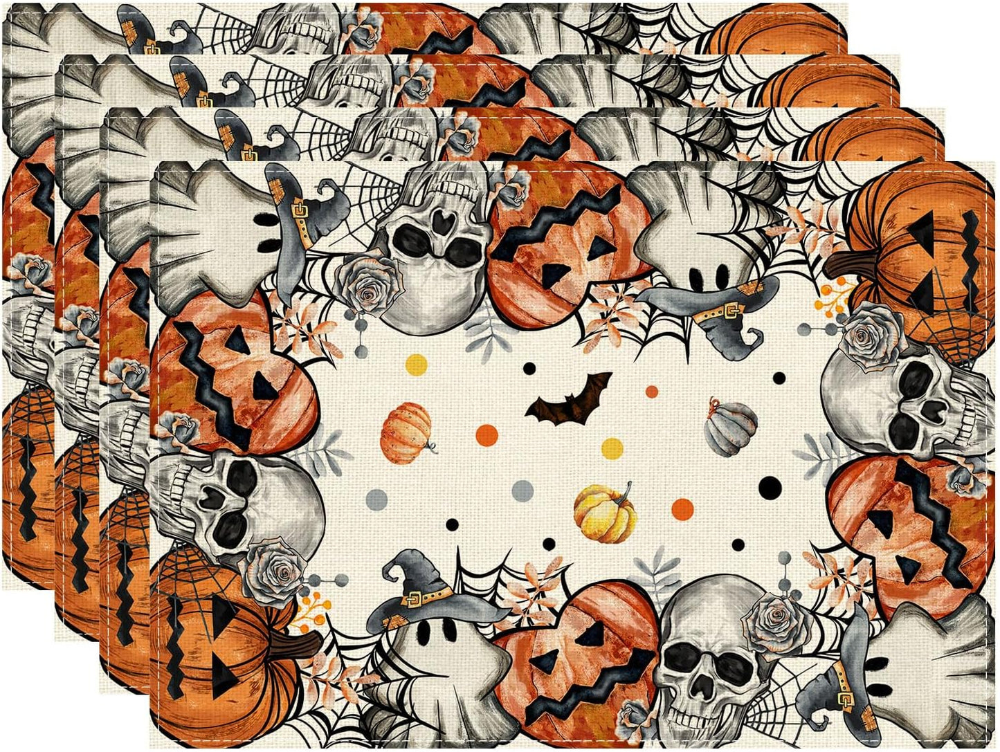 XCHI Spooky Skeleton Ghost Pumpkin Halloween Placemats Set of 4 Table Mats for Party Home Kitchen Dining Table Decorations 12x18 Inch