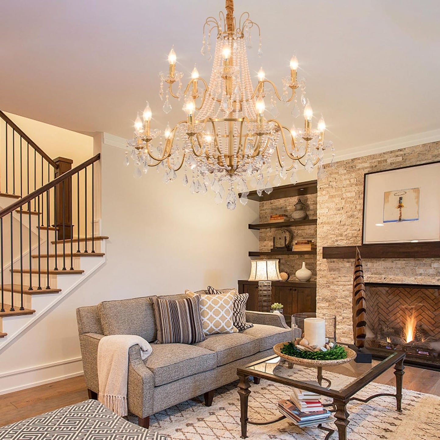 40" Large Brass Crystal Chandeliers,Gold Brushed Brass Chandelier for High Ceiling Living Room Dining Room Staircase Hallway Entryway Foyer(15-Light, Bulb Included)