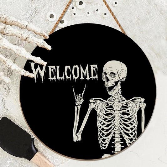 Halloween Decorations Wreath Halloween Skull Welcome Door Sign Front for Door Decoration, Rustic Wooden Holiday Decor for Front Door Porch Window Wall Farmhouse Indoor Outdoor